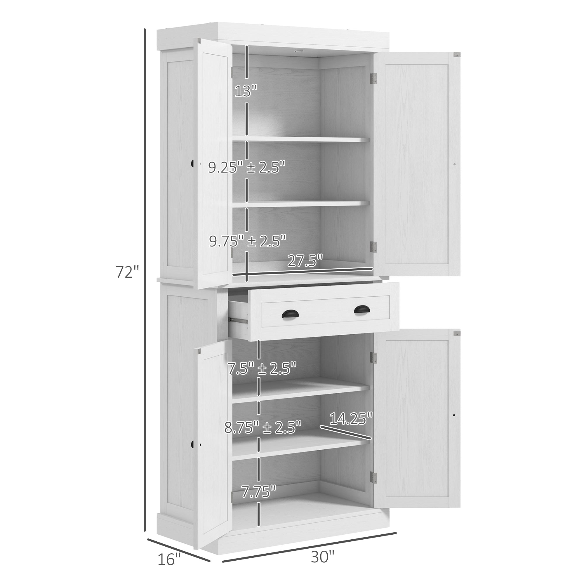 72.5" Kitchen Cabinet, Pantry Storage Cabinet with Doors and Shelves, Freestanding Food Pantry Cabinet, White Wood Grain