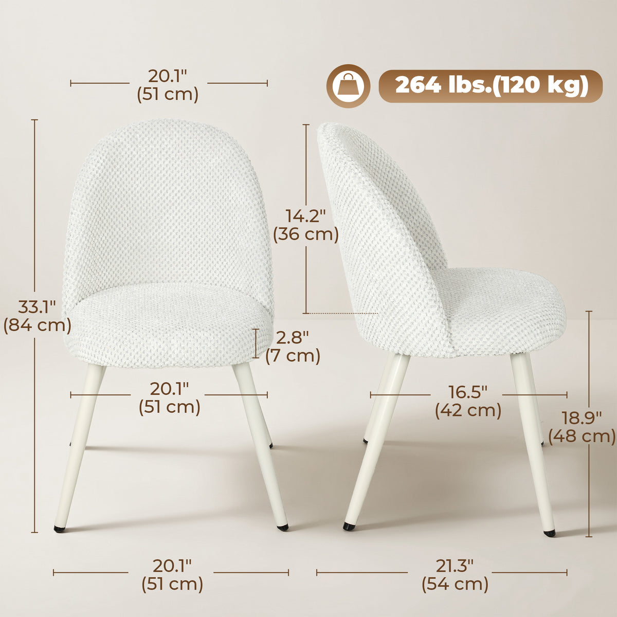Modern Dining Chairs Set of 2, Velvet Fabric Upholstered Kitchen Chairs with Thick Padded Seat and Backrest, Metal Legs for Dining Room, Kitchen, Home Office, White