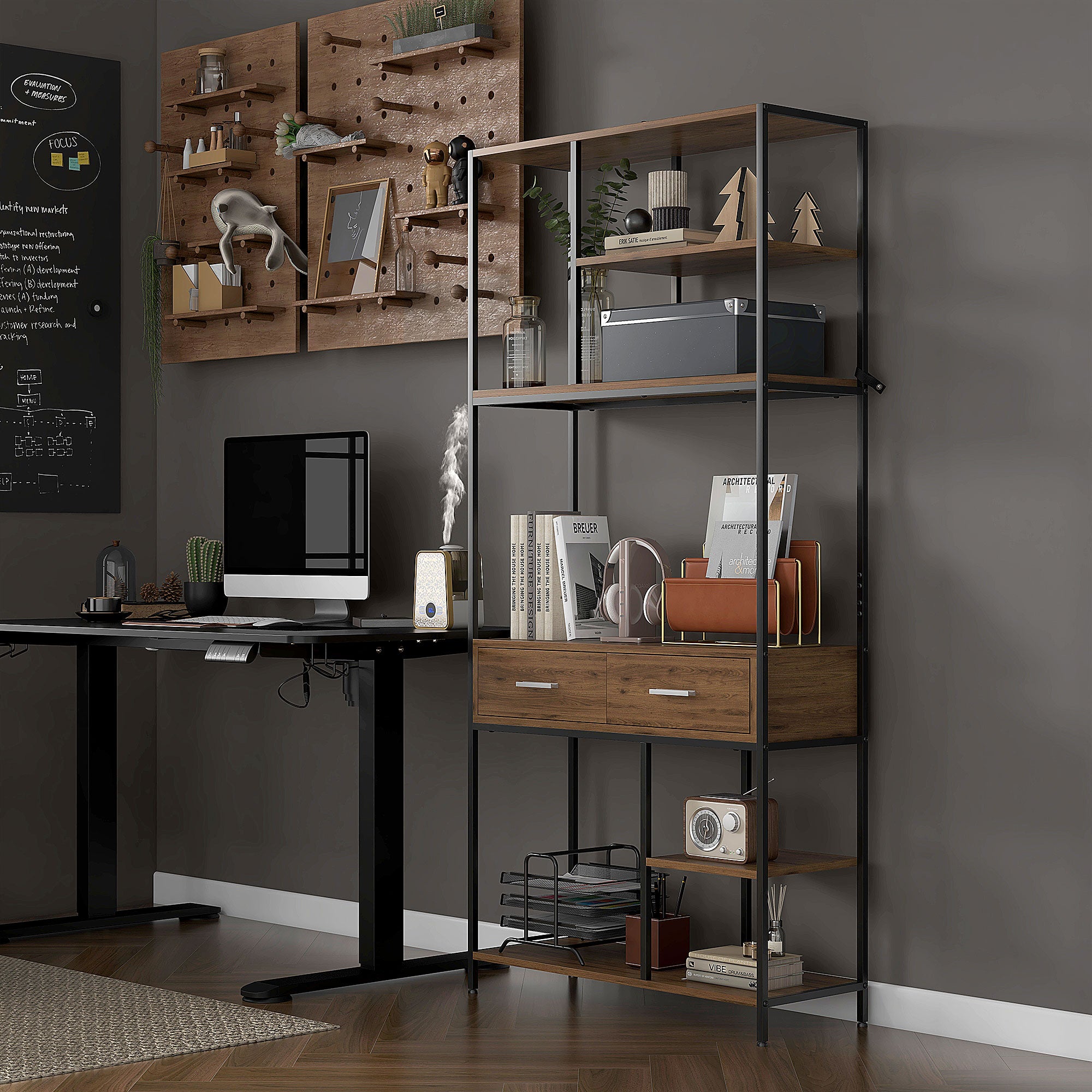 HOMCOM 5 Tier Book Shelf with 2 Drawers, Industrial Storage Shelves, Metal Shelving Unit for Living Room, Study, Bedroom, Brown