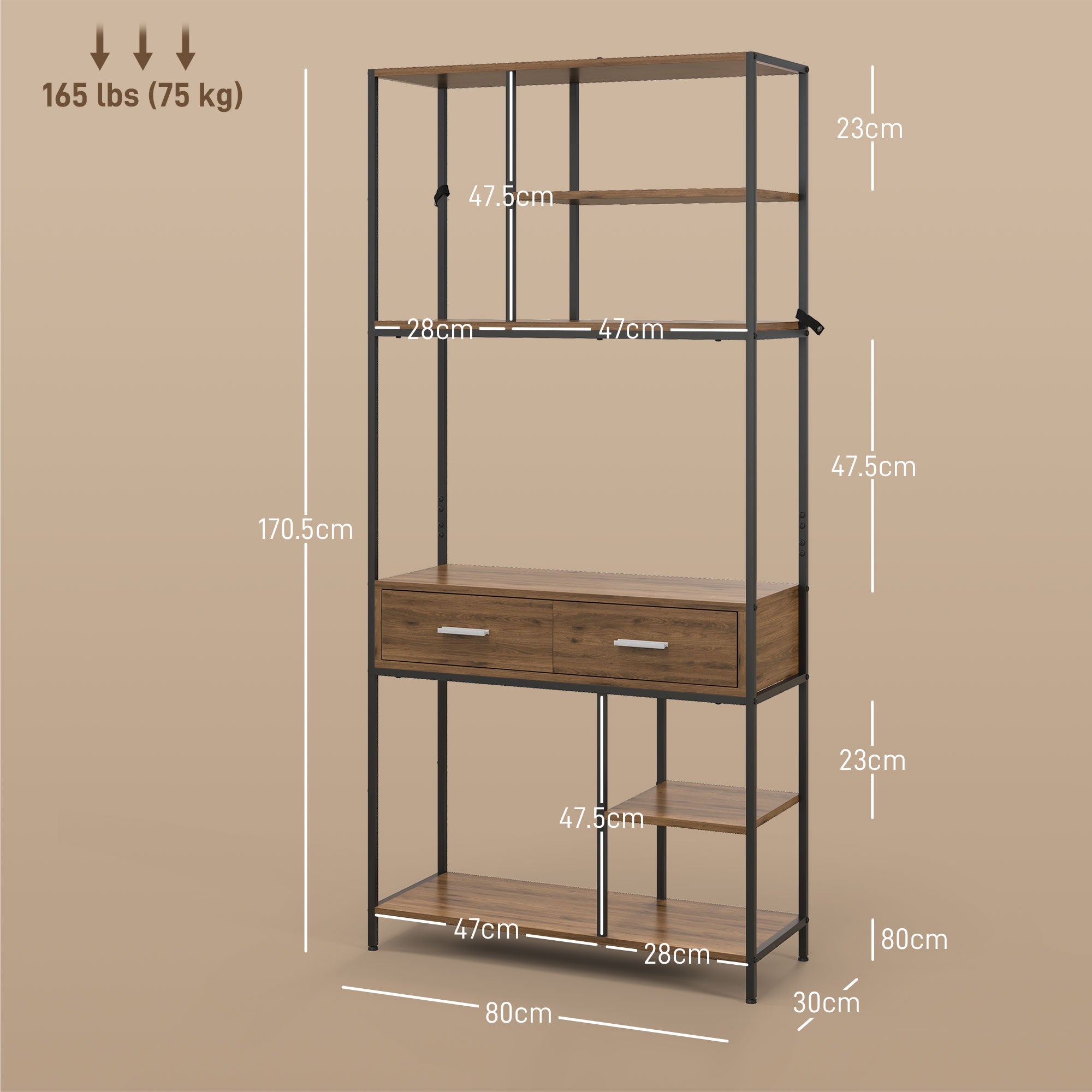 HOMCOM 5 Tier Book Shelf with 2 Drawers, Industrial Storage Shelves, Metal Shelving Unit for Living Room, Study, Bedroom, Brown