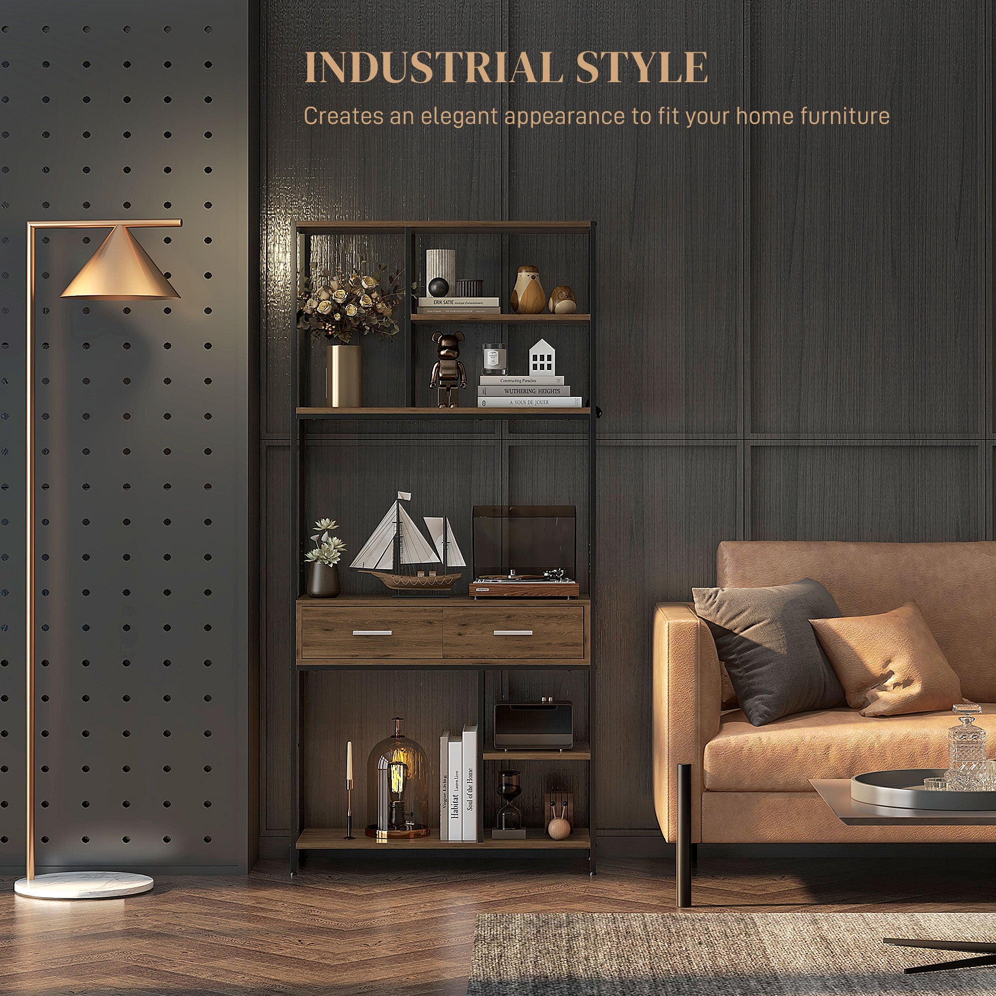 HOMCOM 5 Tier Book Shelf with 2 Drawers, Industrial Storage Shelves, Metal Shelving Unit for Living Room, Study, Bedroom, Brown