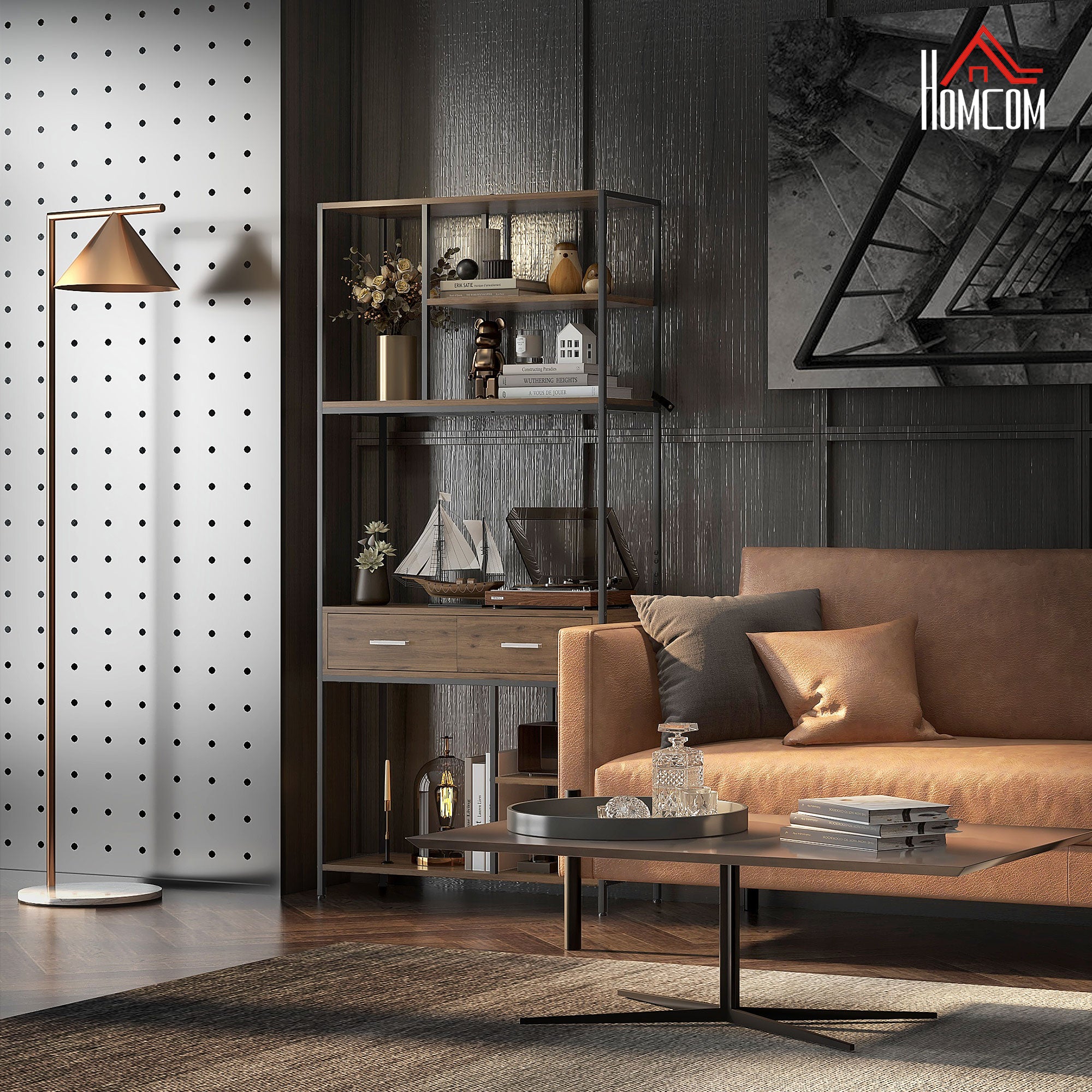 HOMCOM 5 Tier Book Shelf with 2 Drawers, Industrial Storage Shelves, Metal Shelving Unit for Living Room, Study, Bedroom, Brown