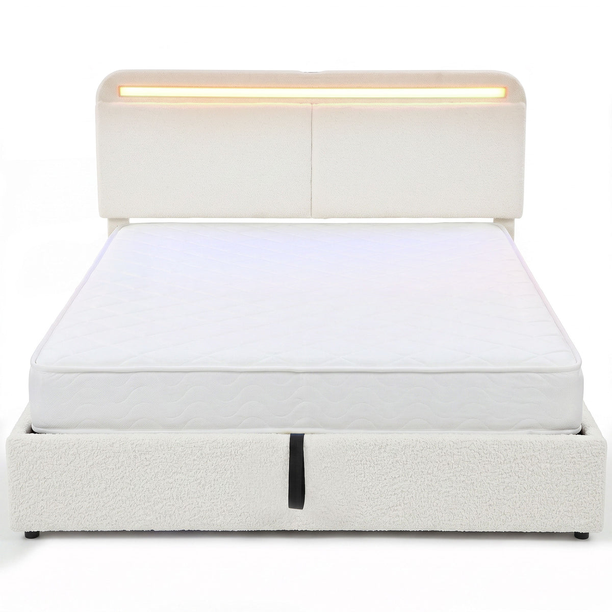 Queen Bed Frame with Charging Station, LED Lights, Adjustable Headboard, Fabric Platform Bed Frame, Wood Slat Support, Noise Free, No Box Spring Needed, Easy Assembly, White