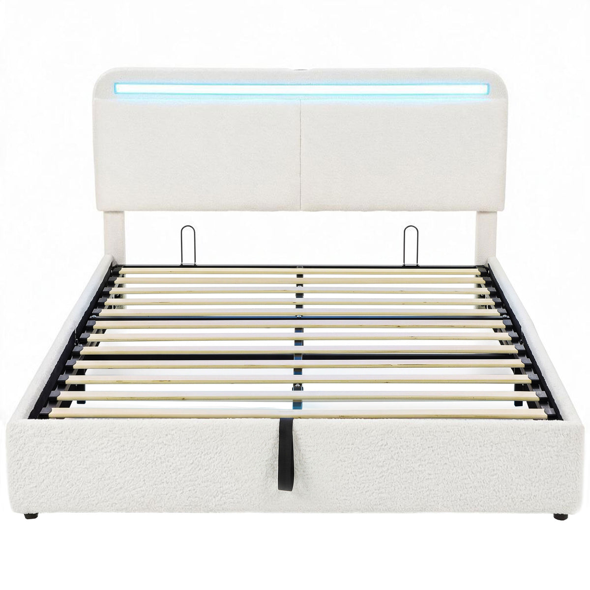 Queen Bed Frame with Charging Station, LED Lights, Adjustable Headboard, Fabric Platform Bed Frame, Wood Slat Support, Noise Free, No Box Spring Needed, Easy Assembly, White