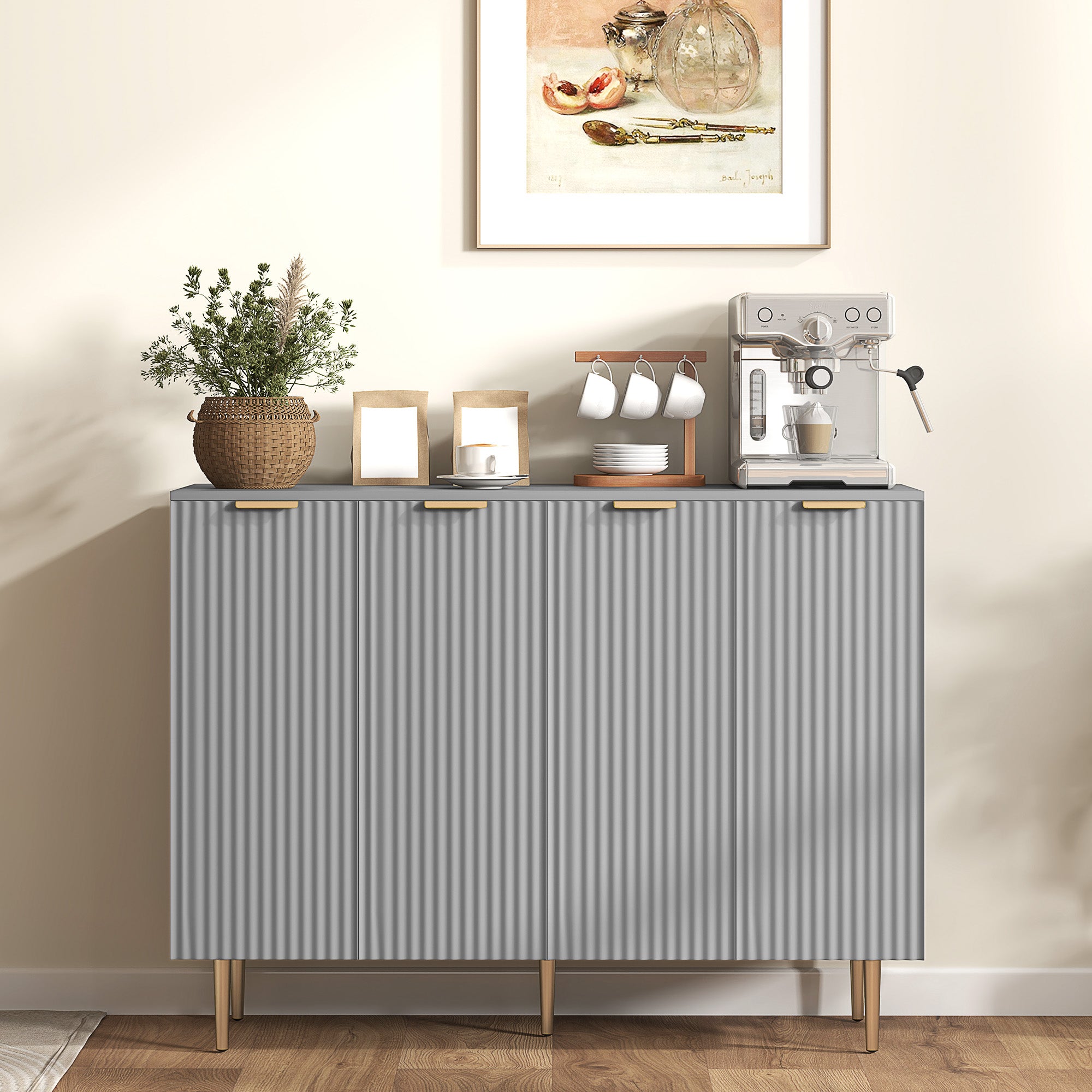 HOMCOM Sideboard Buffet Cabinet, Modern Kitchen Storage Cabinet with 4 Doors and Adjustable Shelves, Pantry Cabinet with Metal Legs for Hallway, Grey