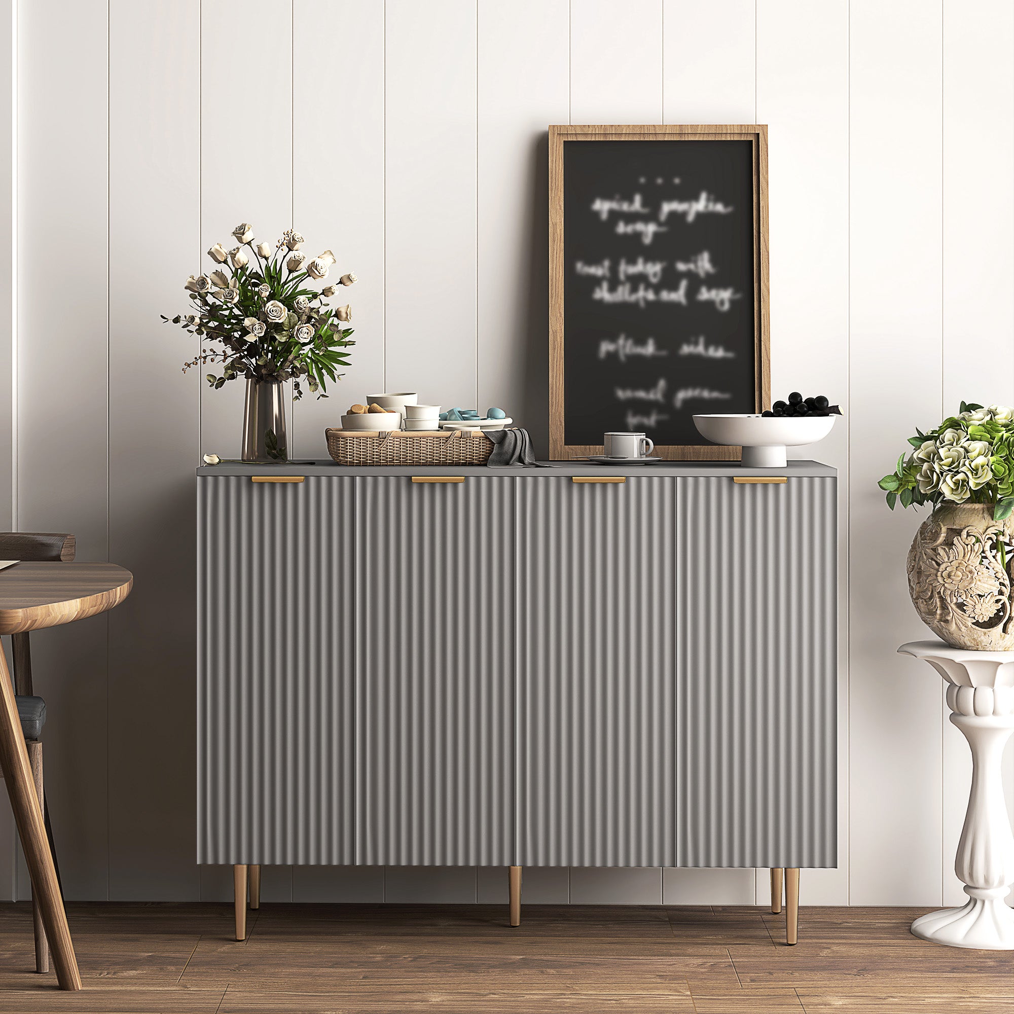 HOMCOM Sideboard Buffet Cabinet, Modern Kitchen Storage Cabinet with 4 Doors and Adjustable Shelves, Pantry Cabinet with Metal Legs for Hallway, Grey