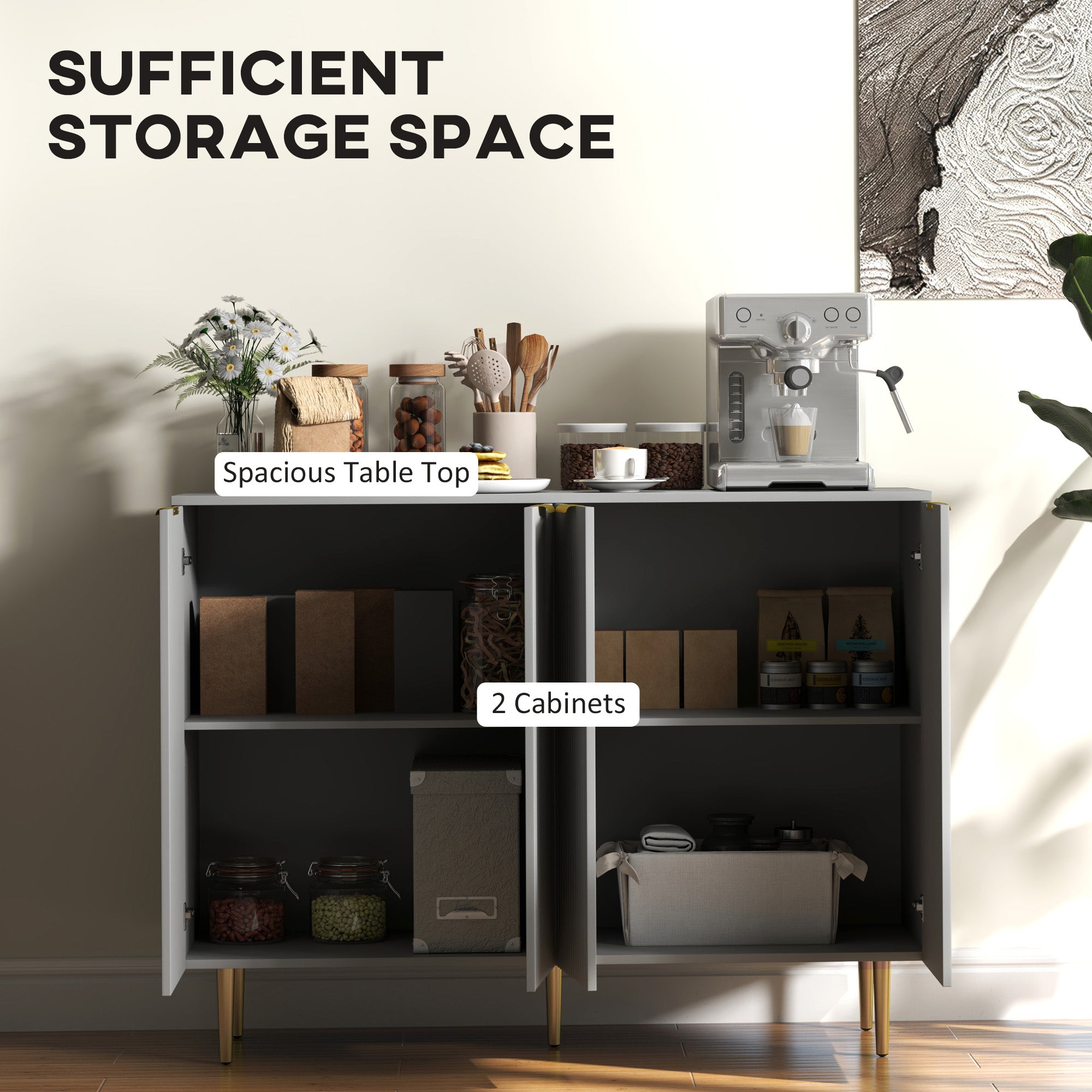 HOMCOM Sideboard Buffet Cabinet, Modern Kitchen Storage Cabinet with 4 Doors and Adjustable Shelves, Pantry Cabinet with Metal Legs for Hallway, Grey