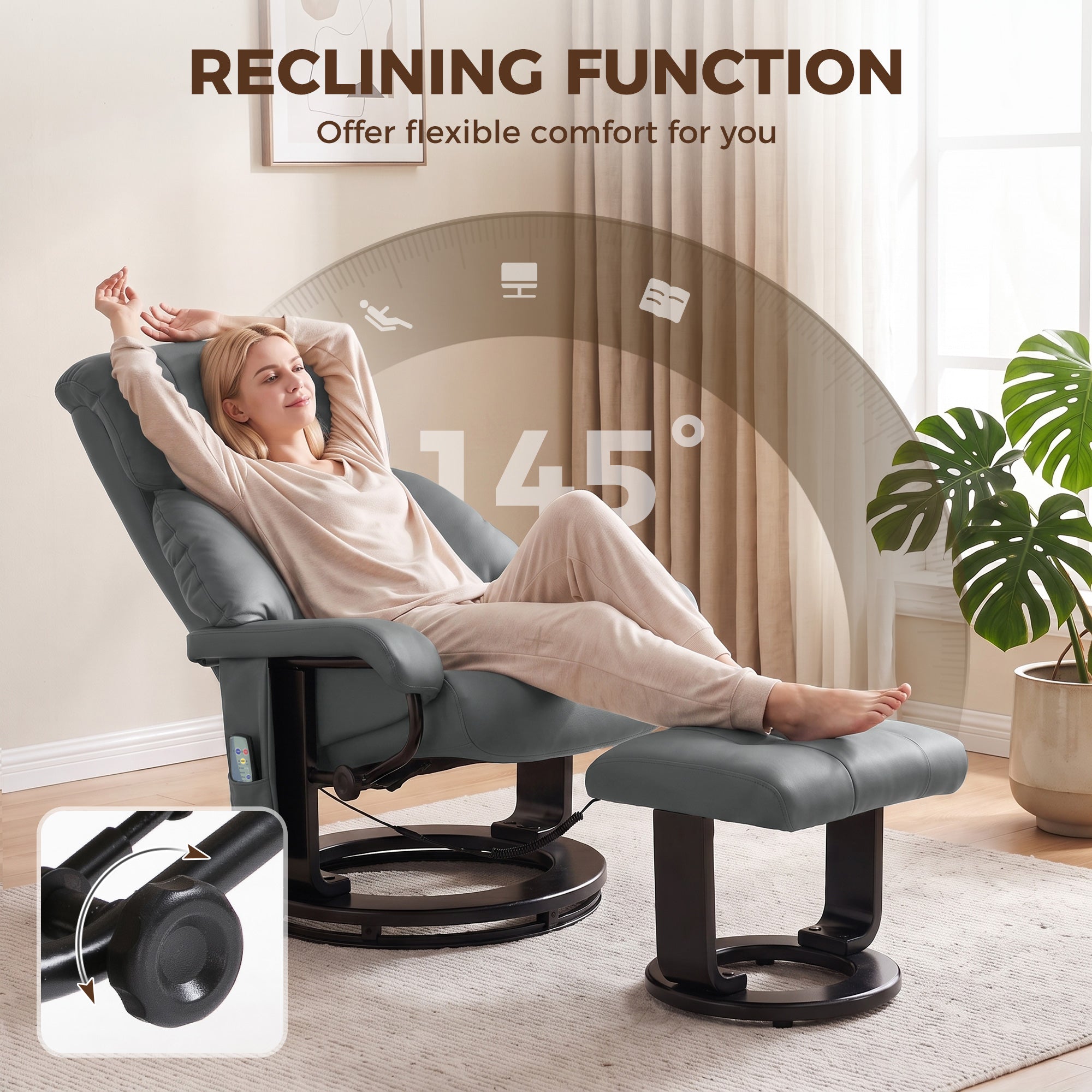 Massage Recliner Chair with Ottoman, 360° Swivel Recliner and Footstool, 10-Point Vibration, PU Leather Reclining Chair with Remote Control, Gray