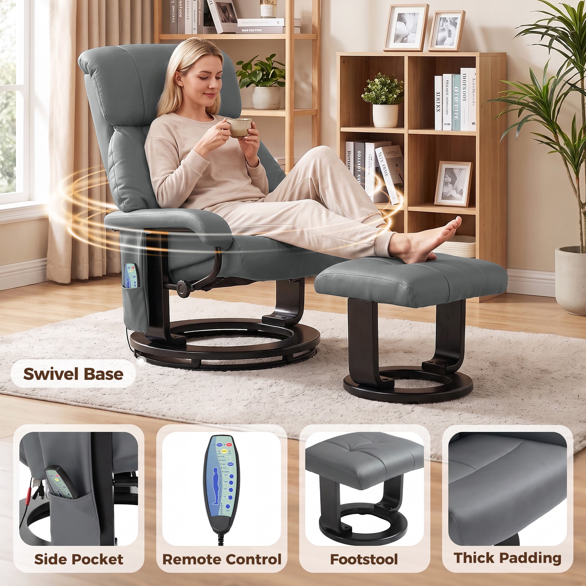 Massage Recliner Chair with Ottoman, 360° Swivel Recliner and Footstool, 10-Point Vibration, PU Leather Reclining Chair with Remote Control, Gray