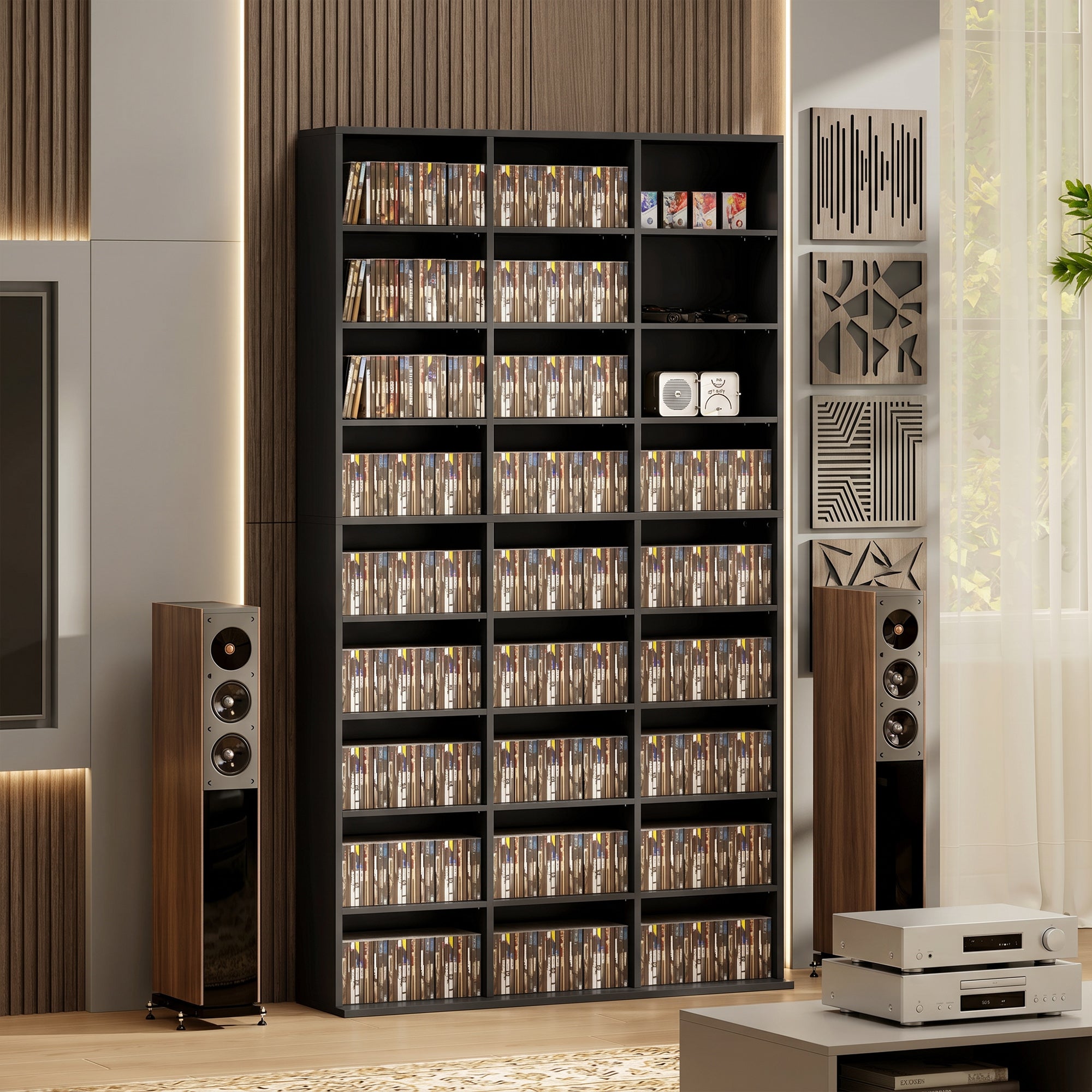 835 CD/500 DVD Storage Unit, Blu-ray Media Storage Shelf with 27 Compartments and 21 Adjustable Shelves, CD Tower for Living Room, Bedroom, Office, Black