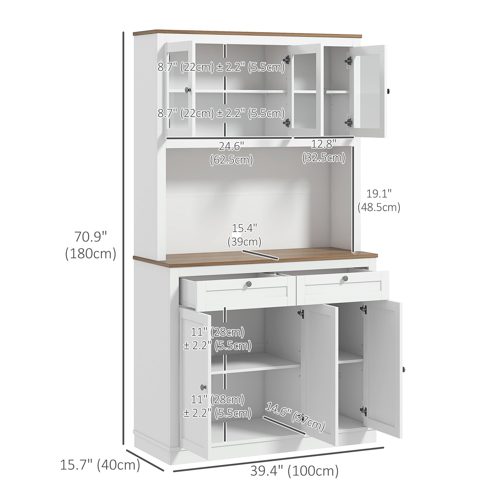 HOMCOM 71" Tall Kitchen Pantry Storage Cabinet with Microwave Space, Freestanding Buffet with Hutch, 2 Drawers, 4 Cabinets, Adjustable Shelves, Glass Doors, White