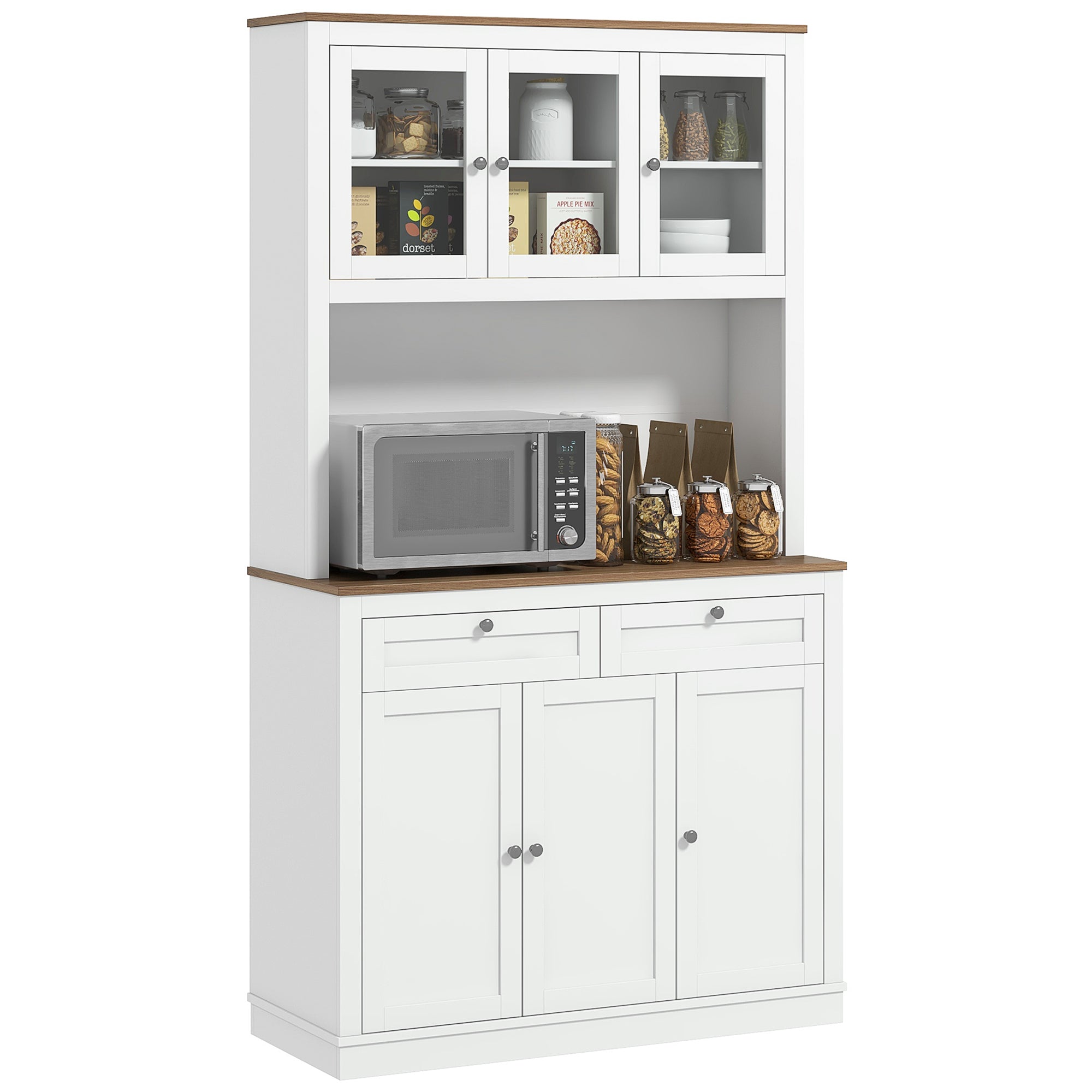 HOMCOM 71" Tall Kitchen Pantry Storage Cabinet with Microwave Space, Freestanding Buffet with Hutch, 2 Drawers, 4 Cabinets, Adjustable Shelves, Glass Doors, White