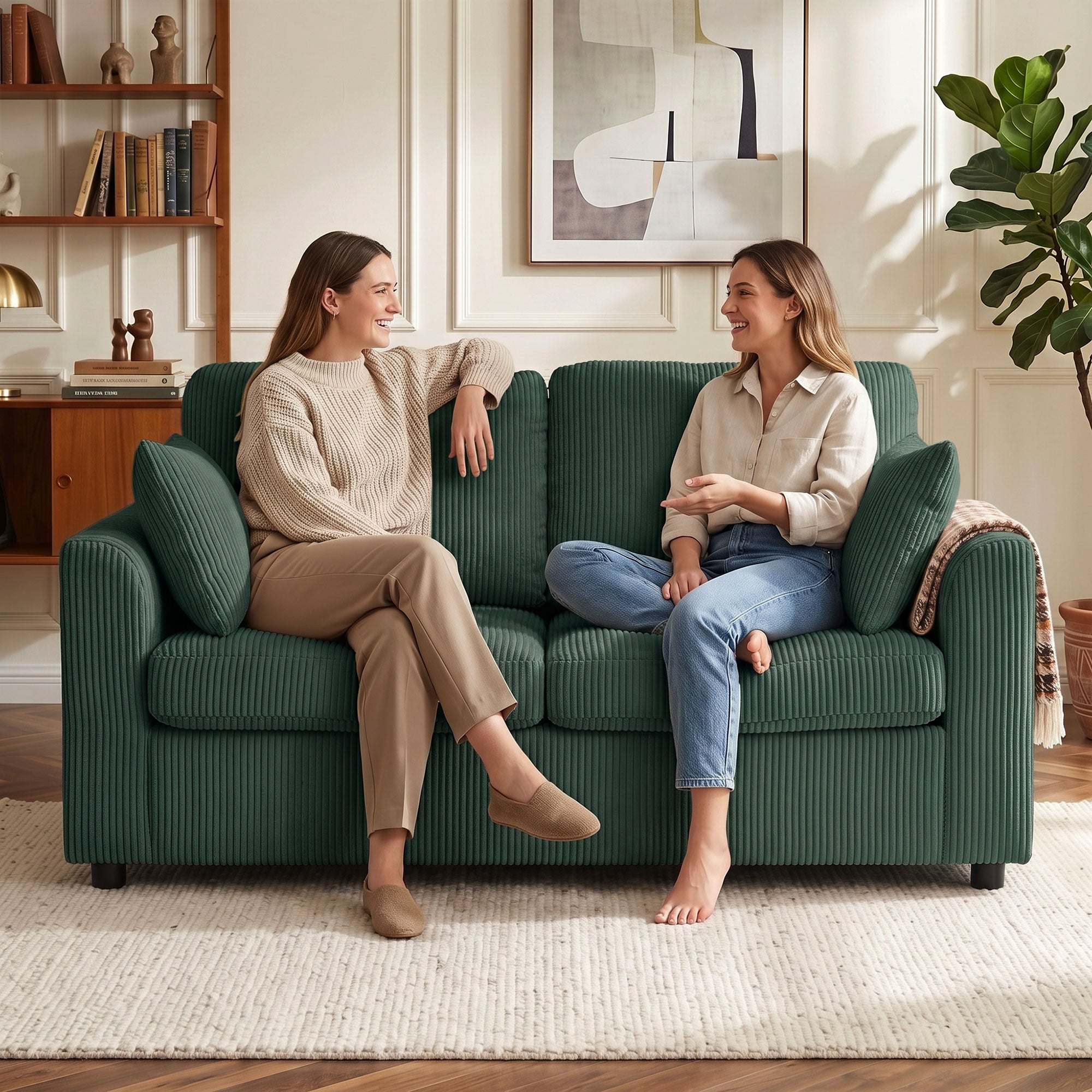 2 Seater Sofa, 144cm Corduroy Small Couch with Spring Cushion, Wide and Deep Seat, Plush Backrest, 2 Pillows, Loveseat Sofa Settee for Small Space, Living Room, Bedroom, Home Office, Dark Green