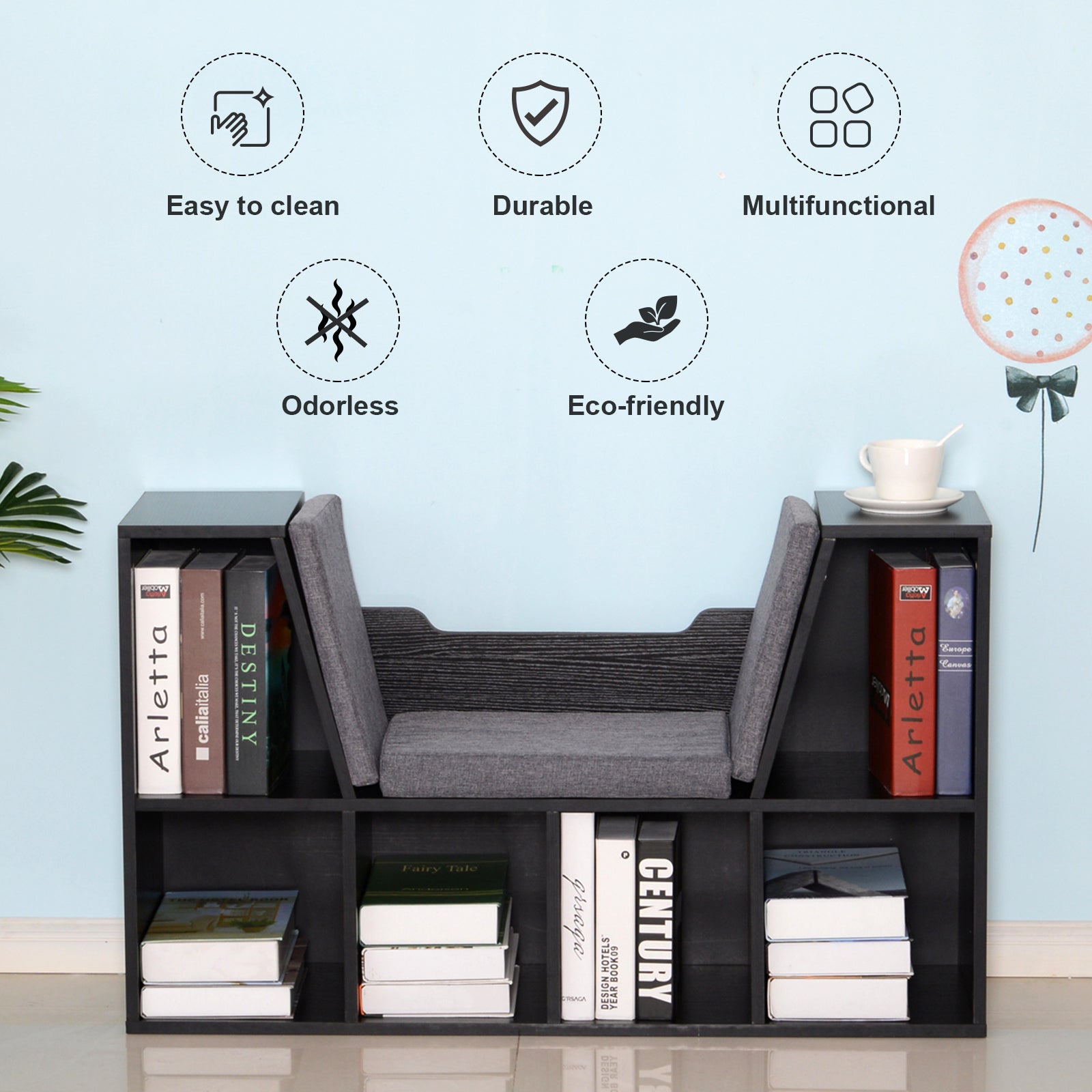 HOMCOM Bookcase Storage Shelf with Cushioned Reading Seat, Cube Bookshelf Organizer for Bedroom Living Room, Black