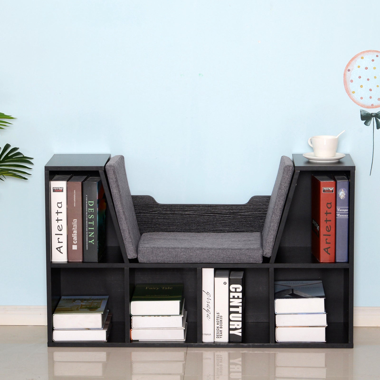 HOMCOM Bookcase Storage Shelf with Cushioned Reading Seat, Cube Bookshelf Organizer for Bedroom Living Room, Black