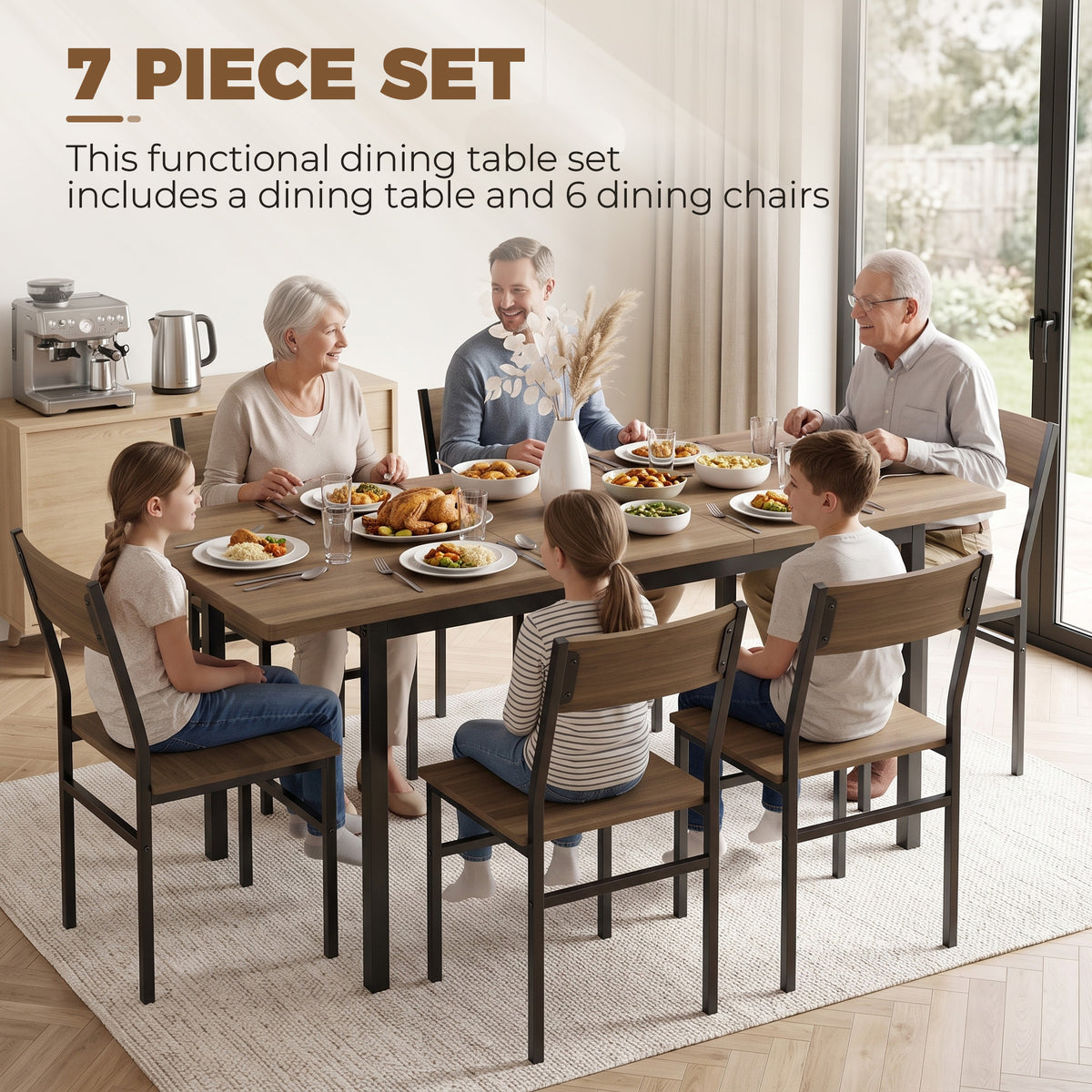 7-Piece Industrial Dining Table Set for 4-6, 47"-63" Extendable Kitchen Table with 6 Stackable Chairs, Metal Frame, Space Saving, Dining Room, Home Office, Brown Wood Grain