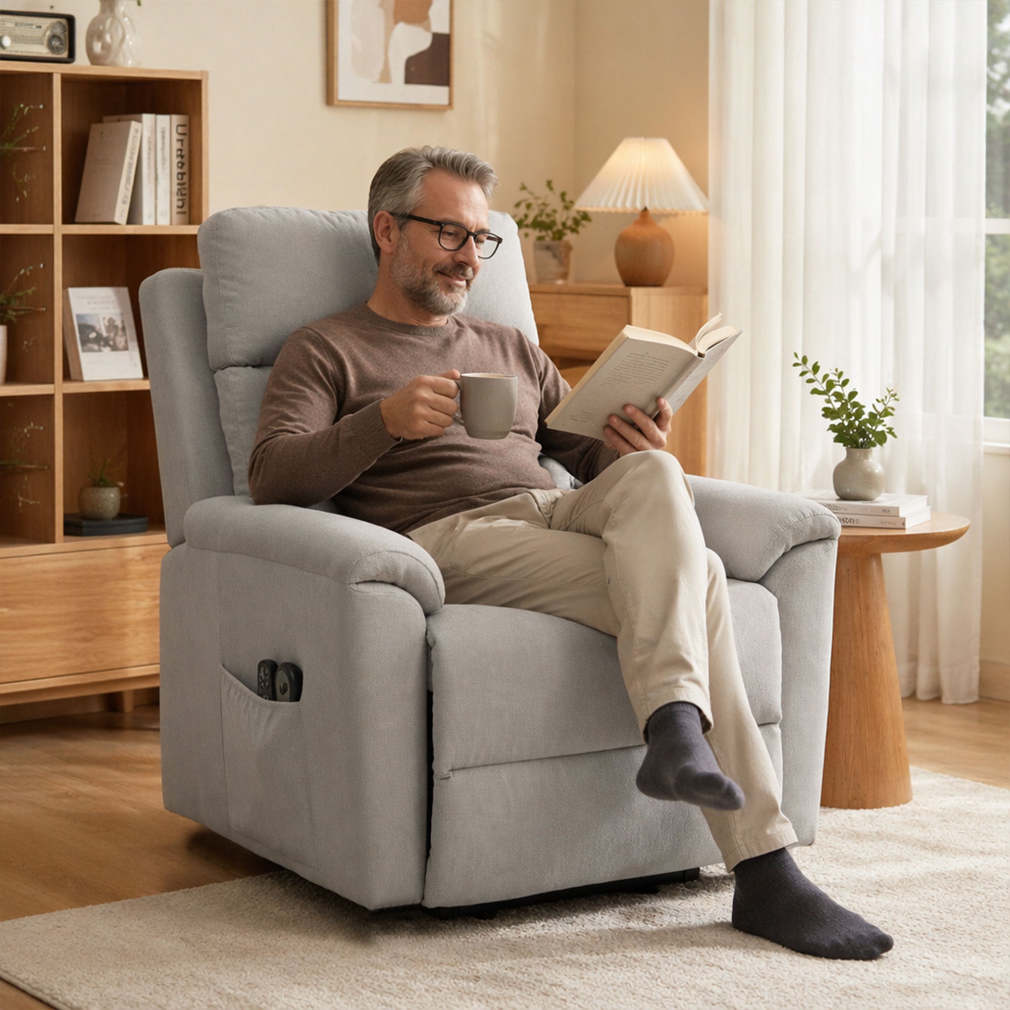 Power Lift Recliner Chair with Vibration Massage and Heat, Terry Cloth Electric Lift Chair for Elderly with Spring Cushion, High Back, Remote, Recliner Armchair for Living Room, Light Grey