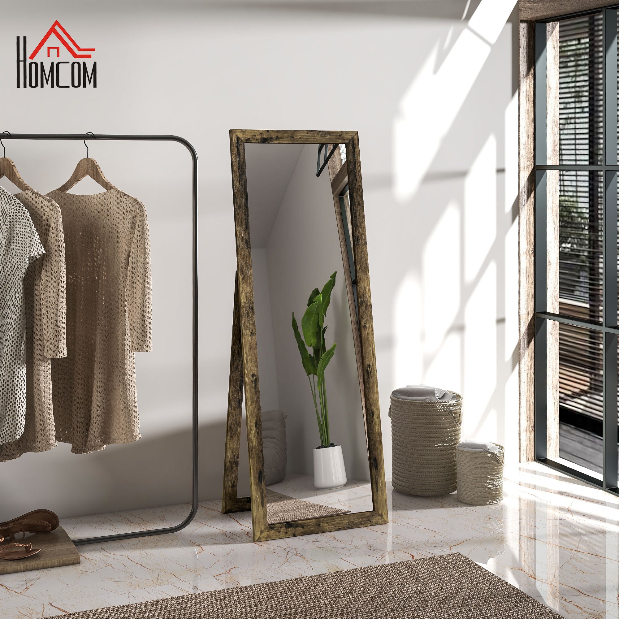 HOMCOM 58" x 20" Full Length Mirror, Floor Standing Mirror, Rectangular Full Body Mirror for Bedroom, Living Room, Rustic Brown