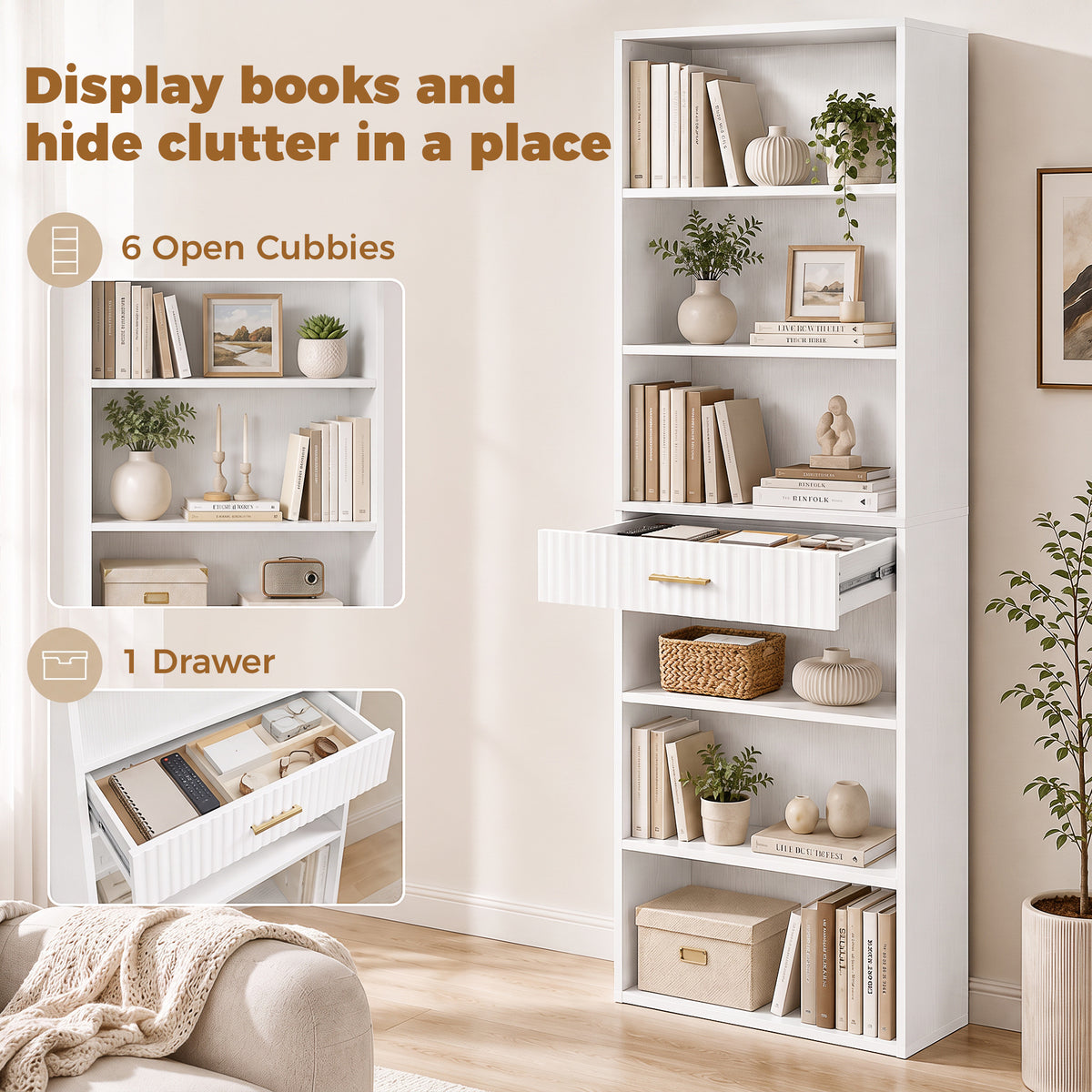 Tall Bookcase with Cubes, 7-Tier Bookshelf with Drawer, Freestanding Shelving Unit, 60 x 24 x 182 cm, Space-Saving for Study, Home Office, Living Room, White