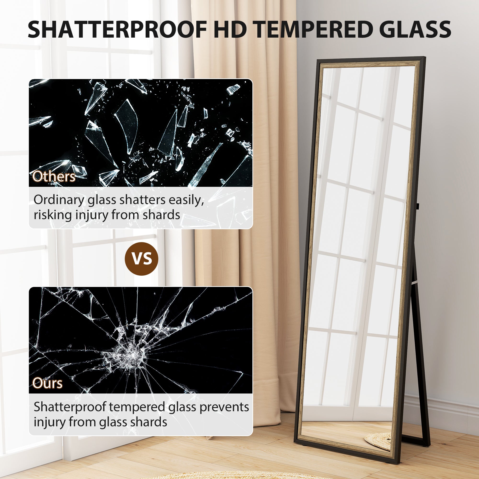 Full Length Mirror, 64" x 21" Rectangle Full Body Mirror with Dual-Tone Frame for Bedroom, Living Room, Floor Standing or Leaning Against Wall, Black