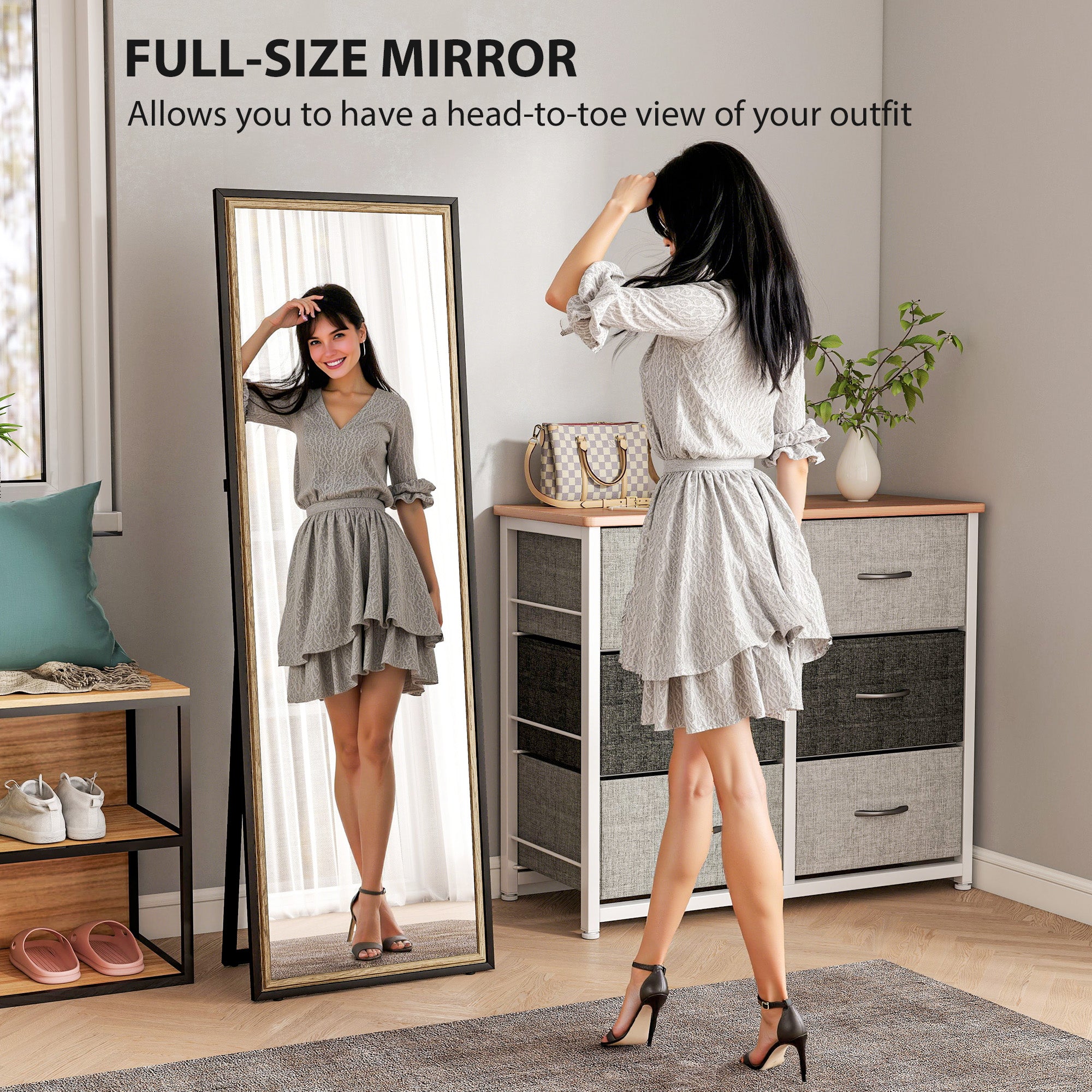 Full Length Mirror, 64" x 21" Rectangle Full Body Mirror with Dual-Tone Frame for Bedroom, Living Room, Floor Standing or Leaning Against Wall, Black