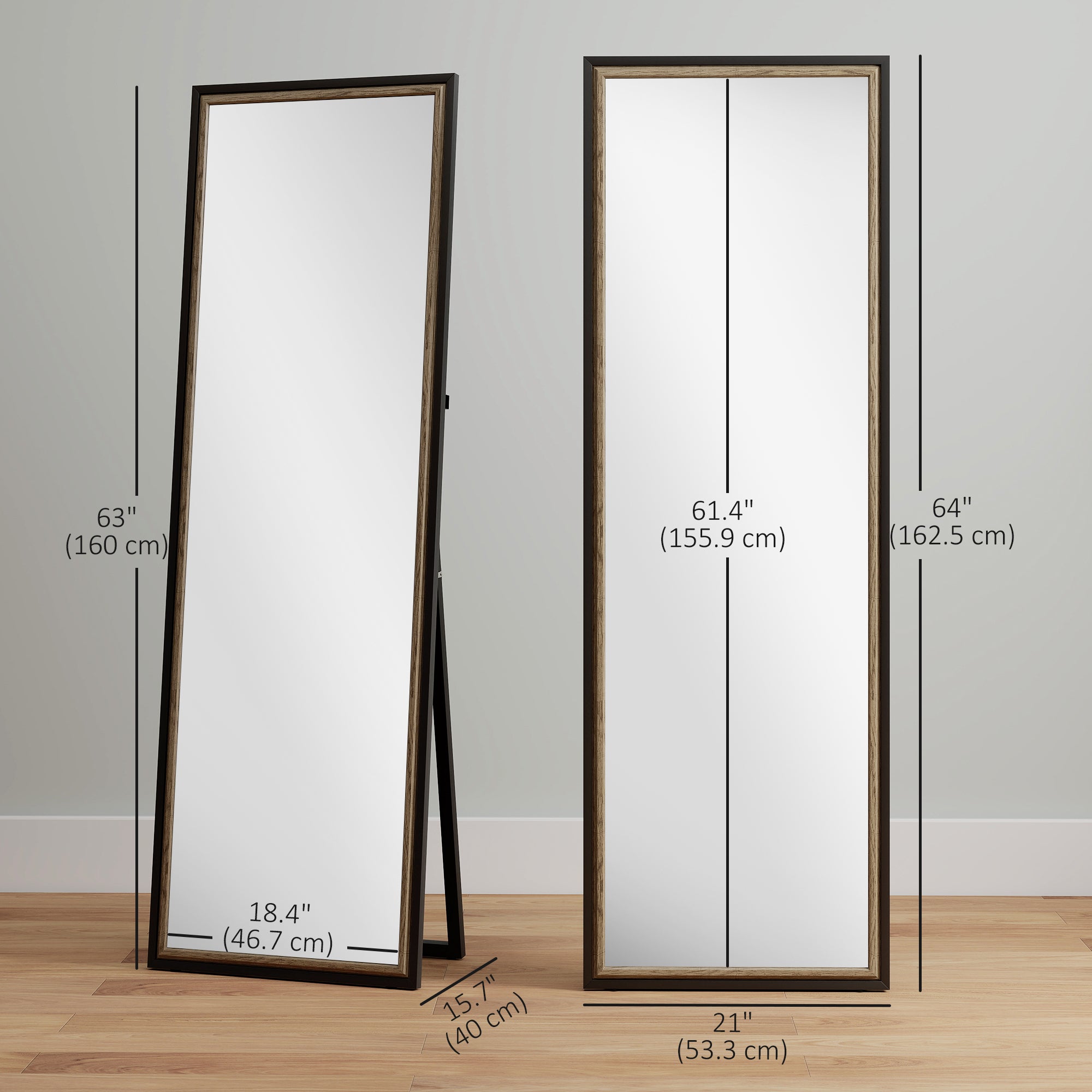 Full Length Mirror, 64" x 21" Rectangle Full Body Mirror with Dual-Tone Frame for Bedroom, Living Room, Floor Standing or Leaning Against Wall, Black