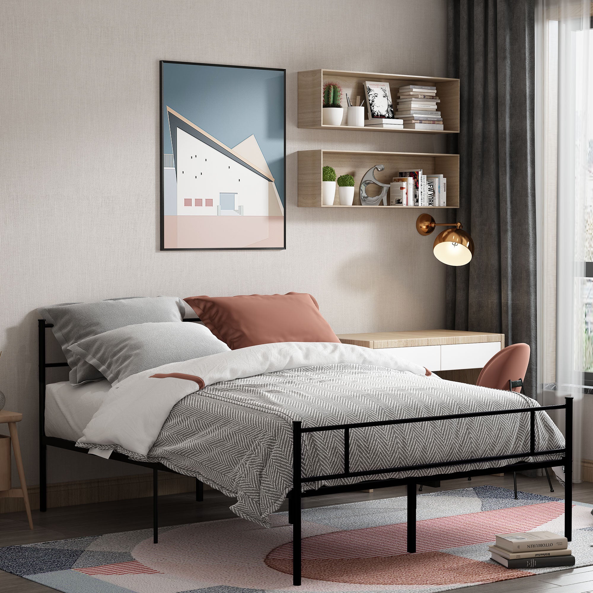 HOMCOM Double Metal Bed Frame Solid Bedstead Base with Headboard and Footboard, Metal Slat Support and Underbed Storage Space, Bedroom Furniture, Black