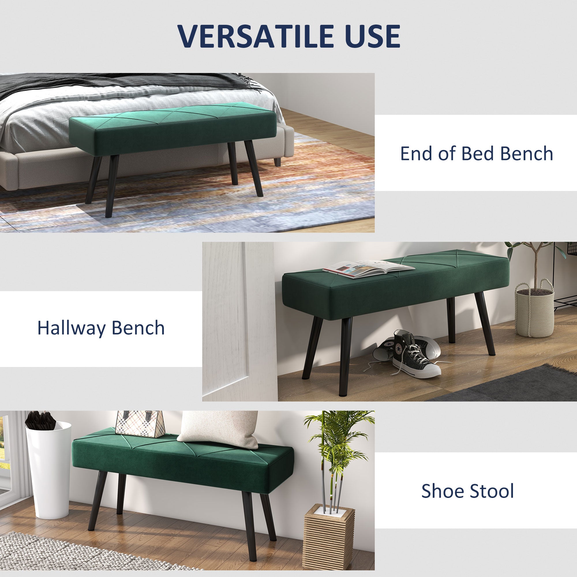 HOMCOM 39" End of Bed Bench, Velvet Upholstered Entryway Bench with Steel Legs, Bedroom Bench for Living Room, Dining Room, Hallway, Green