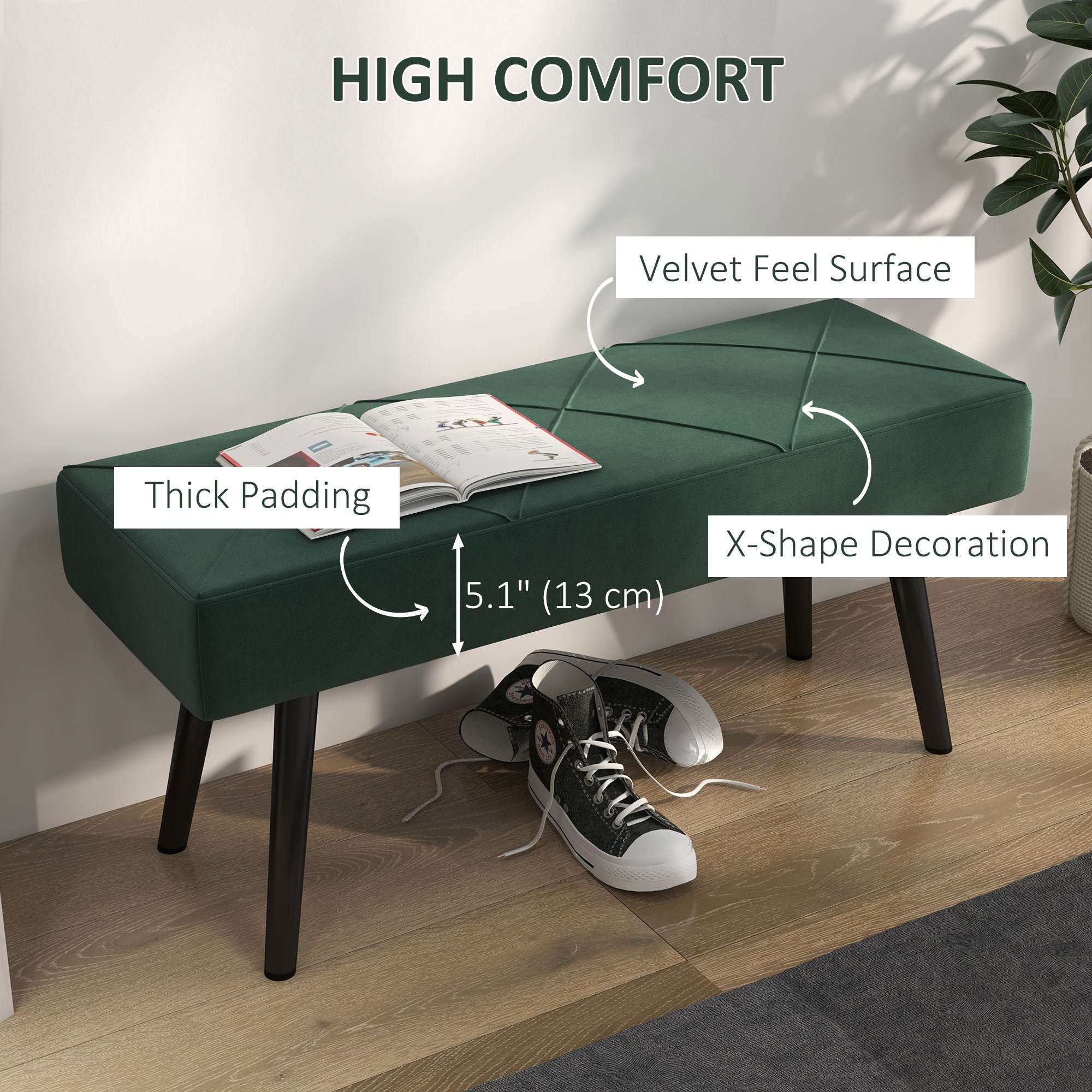 HOMCOM 39" End of Bed Bench, Velvet Upholstered Entryway Bench with Steel Legs, Bedroom Bench for Living Room, Dining Room, Hallway, Green