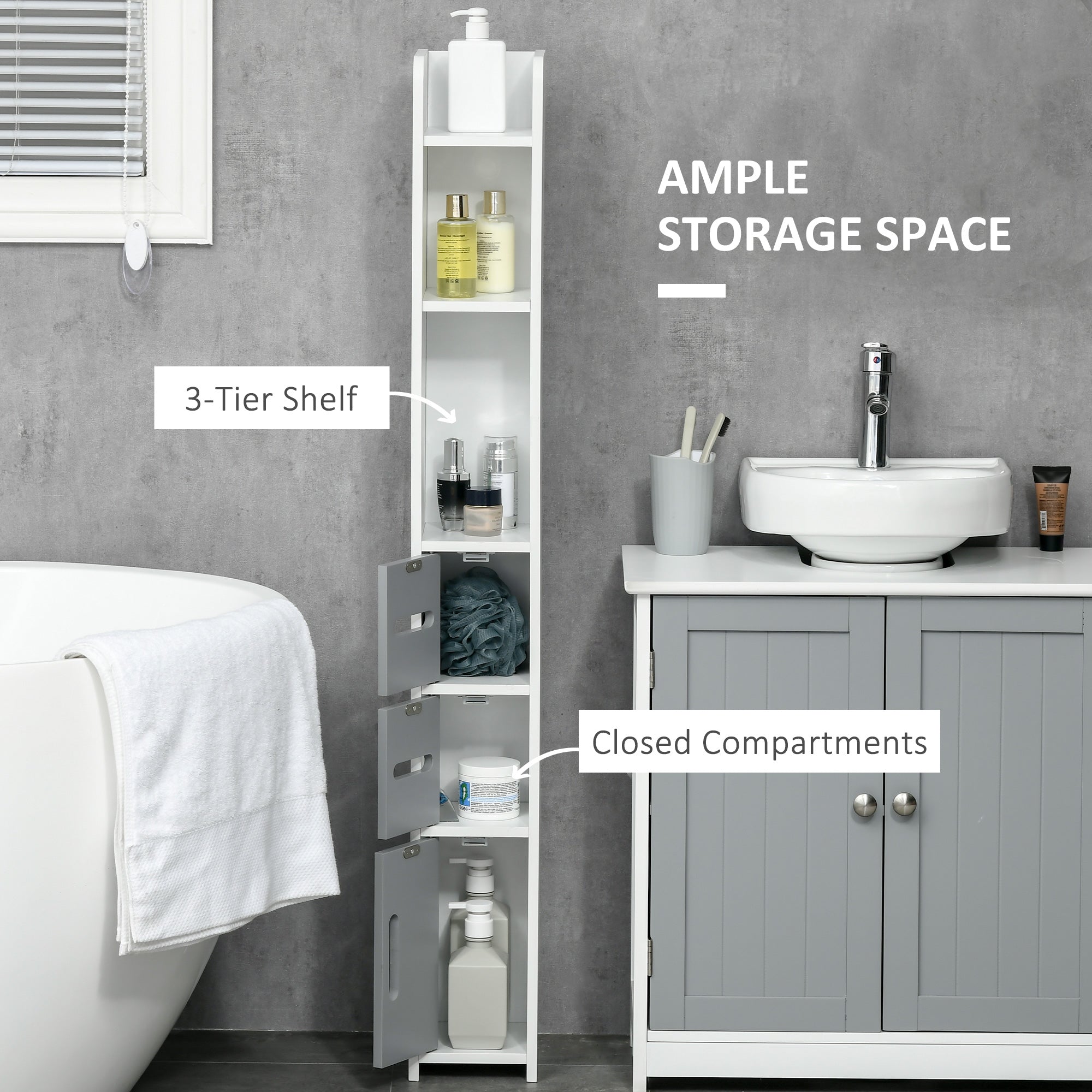 Narrow Bathroom Storage Cabinet, Freestanding Tall Bathroom Cabinet with Open Shelves and 3 Cupboards with Door for Bathroom, Grey and White