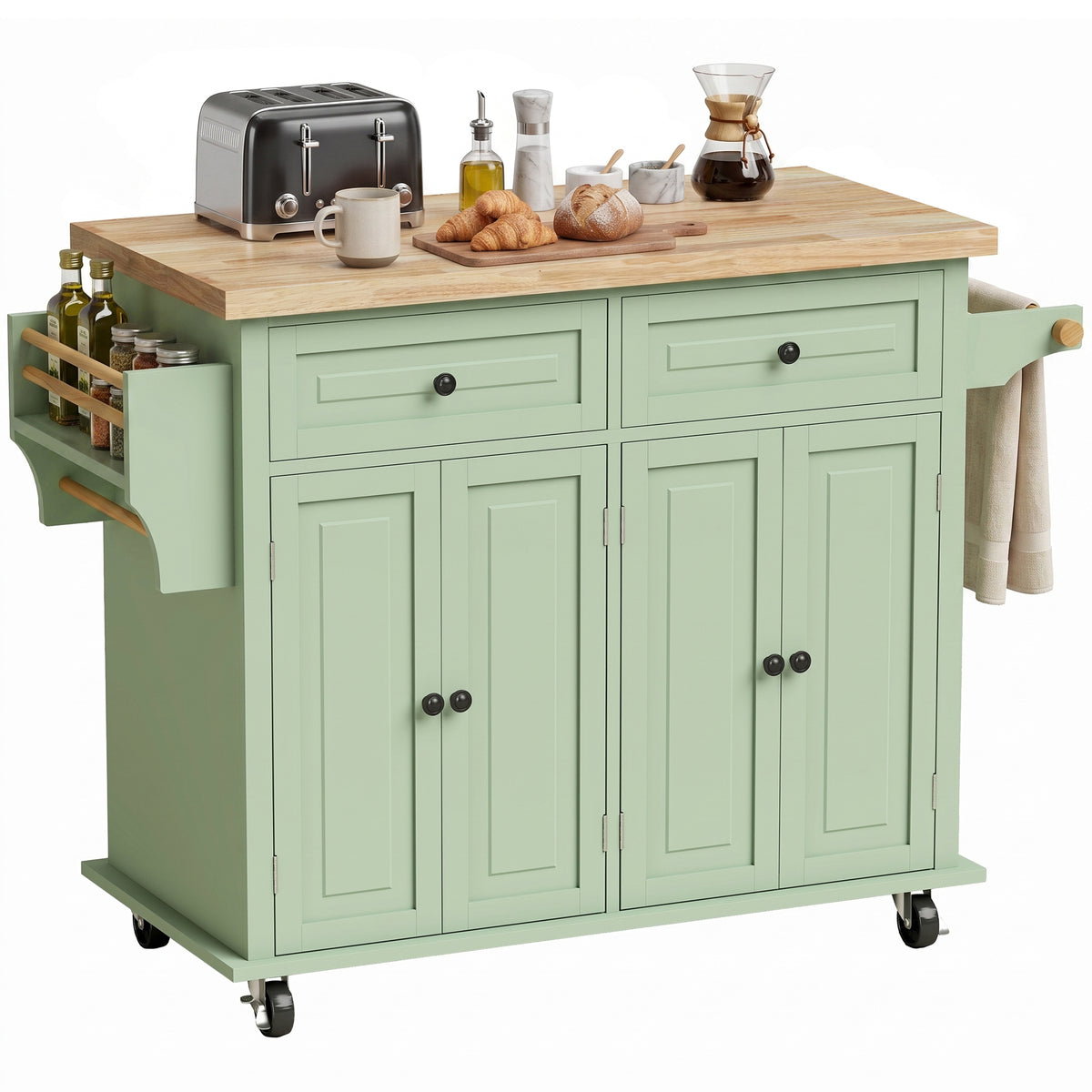 Kitchen Island on Wheels, Rolling Kitchen Storage Trolley with Rubber Wood Top, Drawers, Adjustable Shelves, Towel and Spice Rack for Dining Room, Light Green