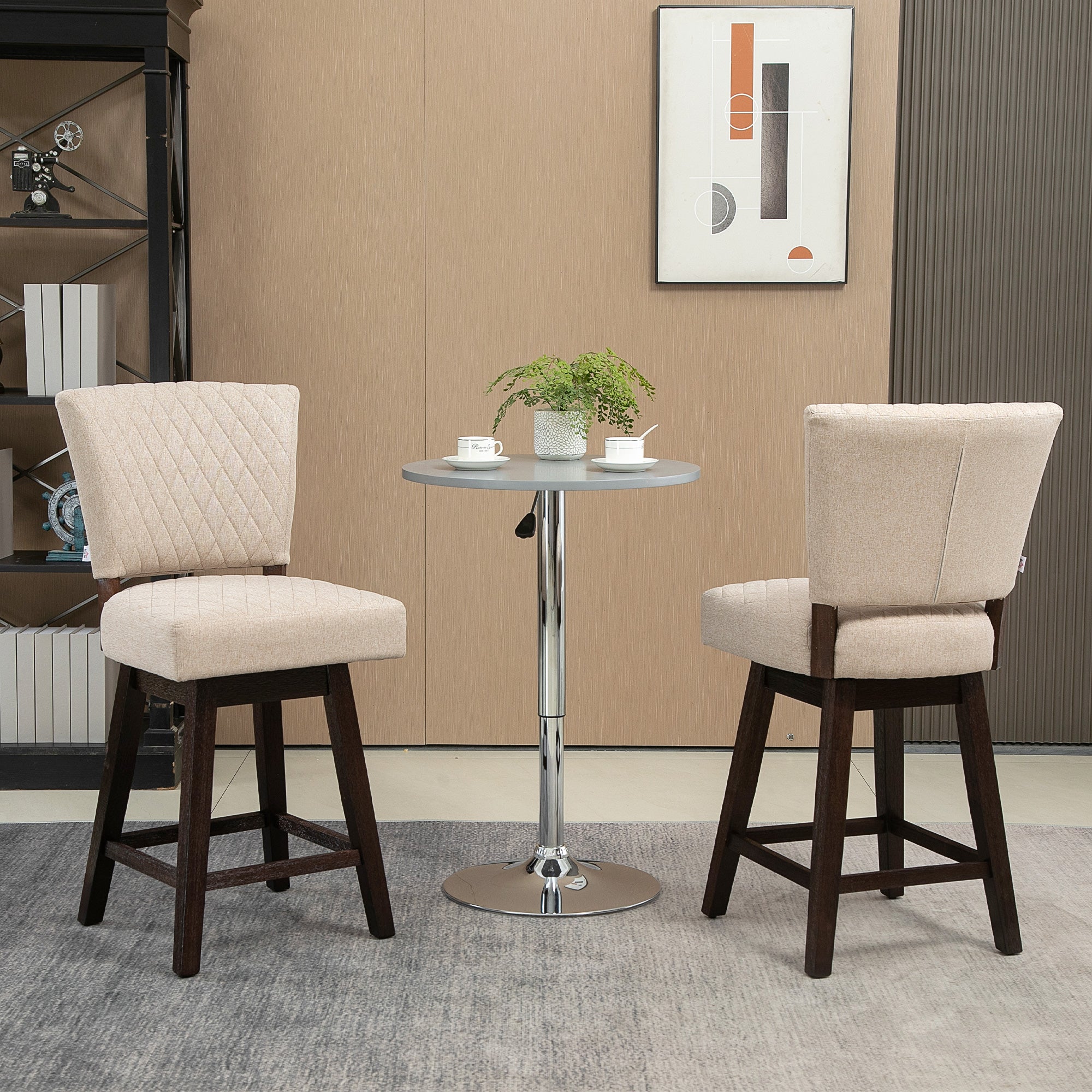 Set of 2 Swivel Counter Height Bar Stools with Footrest Beige