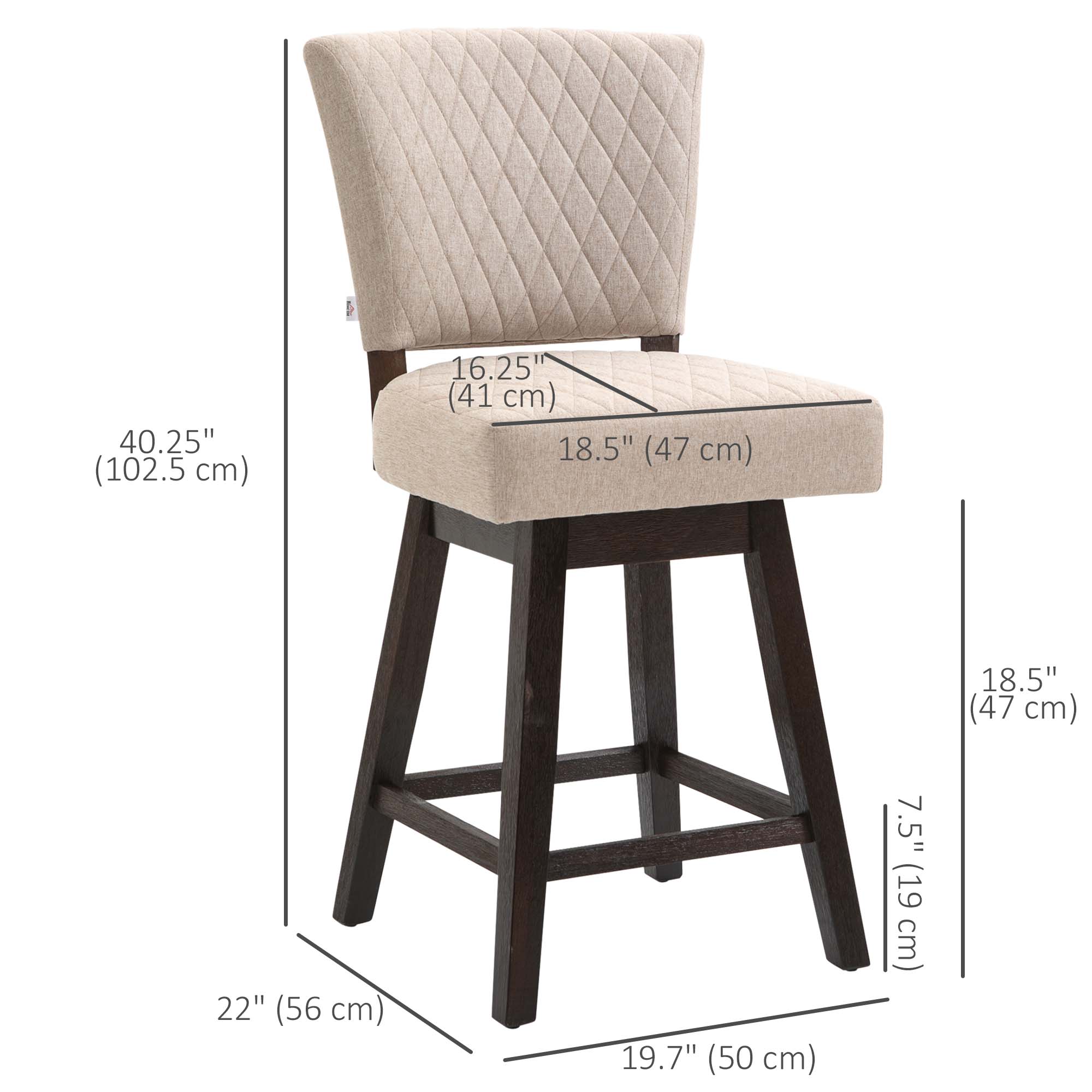 HOMCOM Swivel Bar Stools Set of 2, Counter Height Barstools with Back, Rubber Wood Legs and Footrests, for Kitchen, Dining Room, Pub, Beige