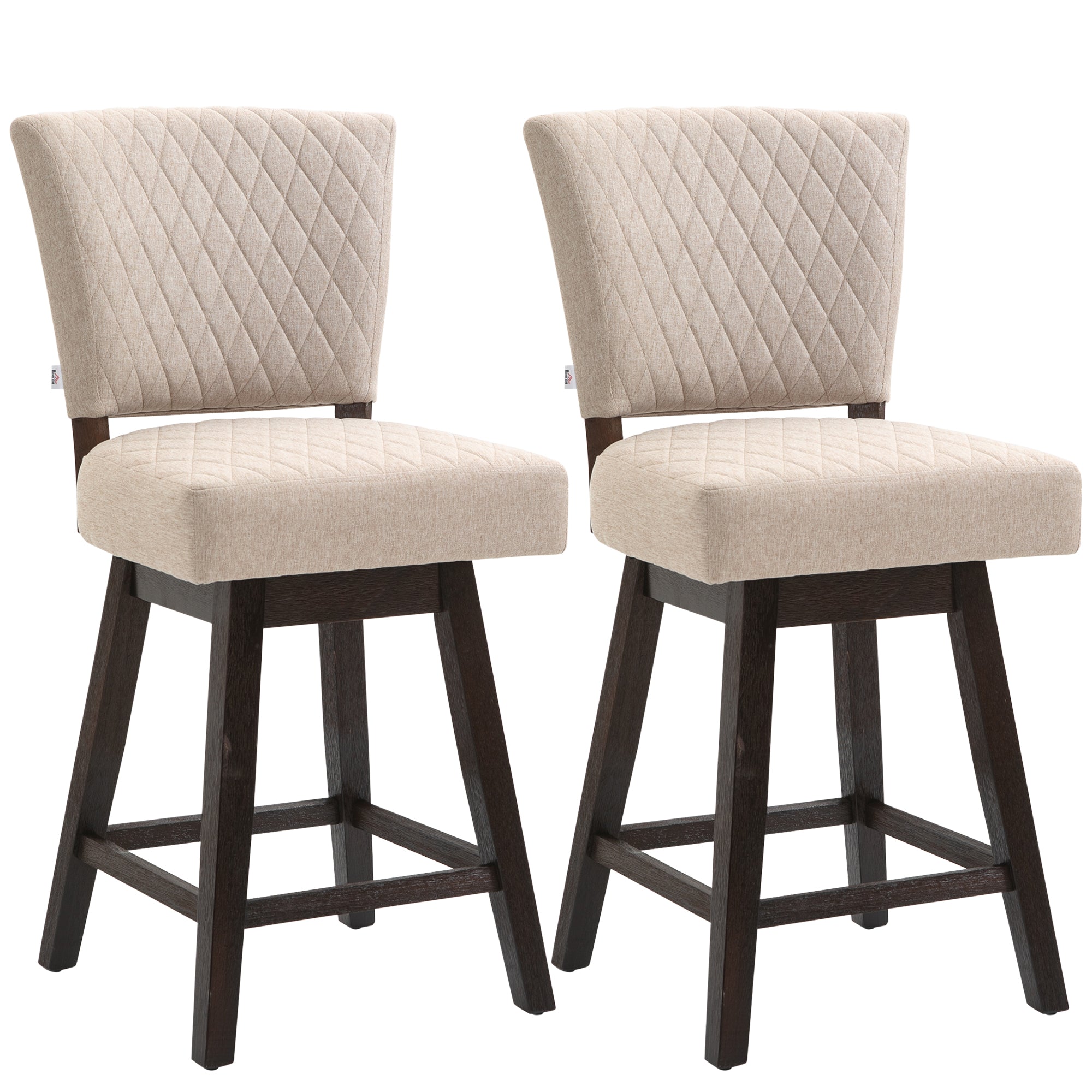 HOMCOM Swivel Bar Stools Set of 2, Counter Height Barstools with Back, Rubber Wood Legs and Footrests, for Kitchen, Dining Room, Pub, Beige