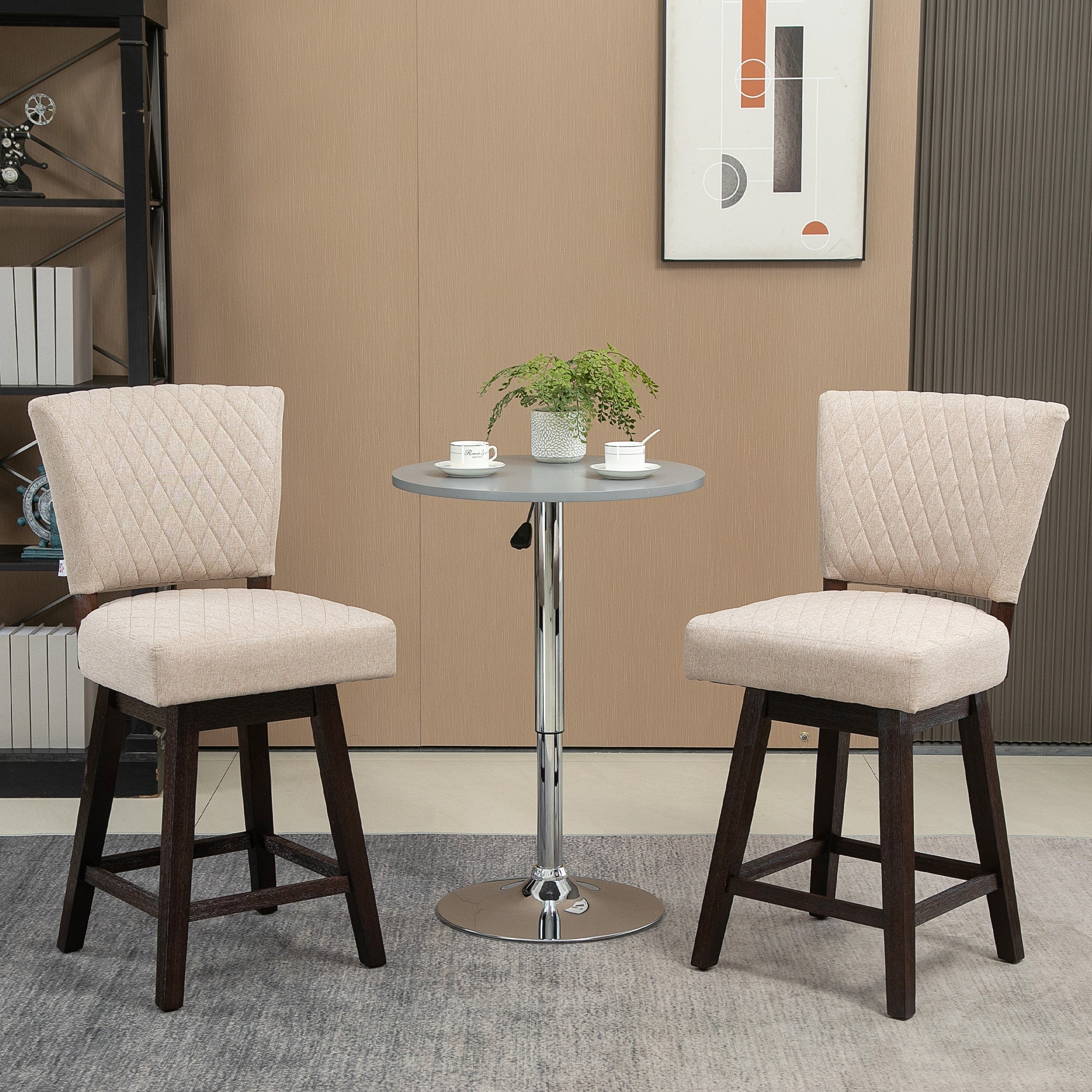 Set of 2 Swivel Counter Height Bar Stools with Footrest Beige