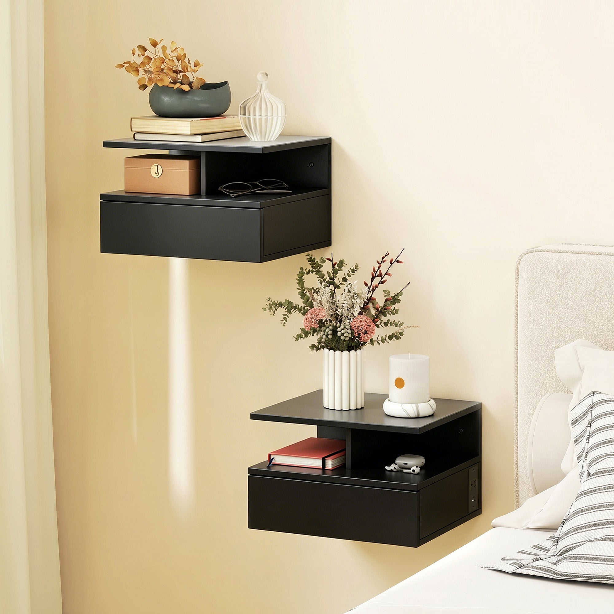 Floating Nightstand Set of 2, Wall Mounted Bedside Table with Power Outlets, Drawer and Open Shelf, Small Night Stand for Bedroom, Black