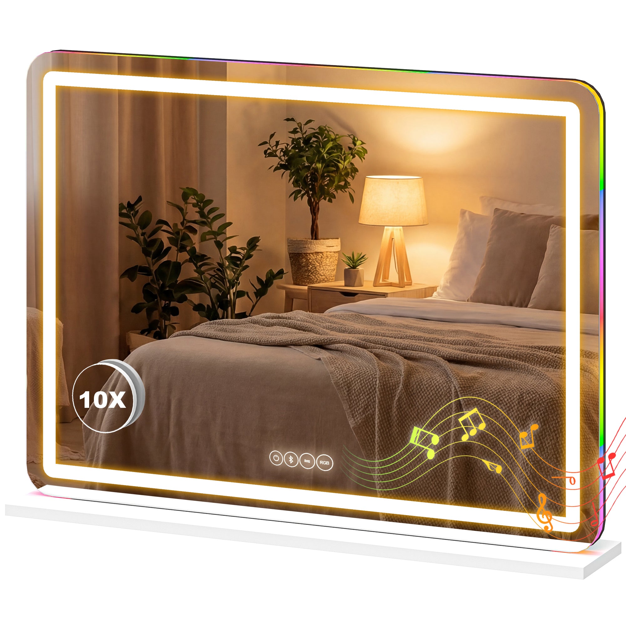 Vanity Mirror with Lights, Dimmable Makeup Mirror with Adjustable Colour Temperature, RGB Light, Bluetooth Speaker, 10X Magnification, Touch Control, 80 x 60 cm, Tabletop & Wall-Mounted, White