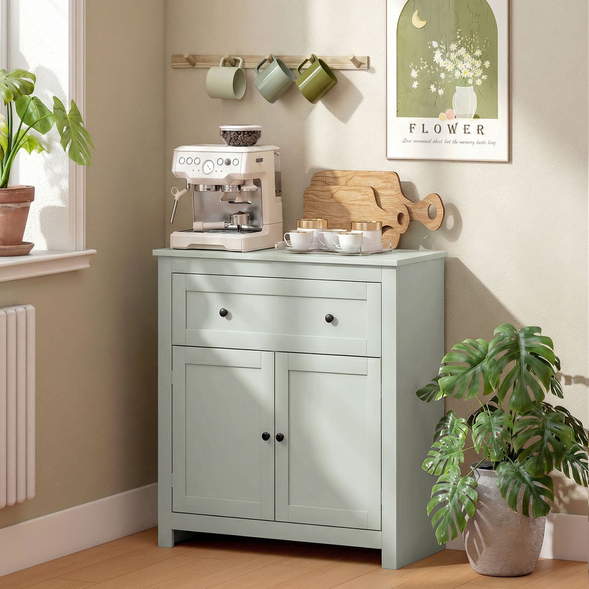 Sideboard Storage Cabinet, Modern Kitchen Cupboard with Adjustable Shelf, Drawer and Double Doors, Sideboard for Living Room, Dining Room, Hallway, Green