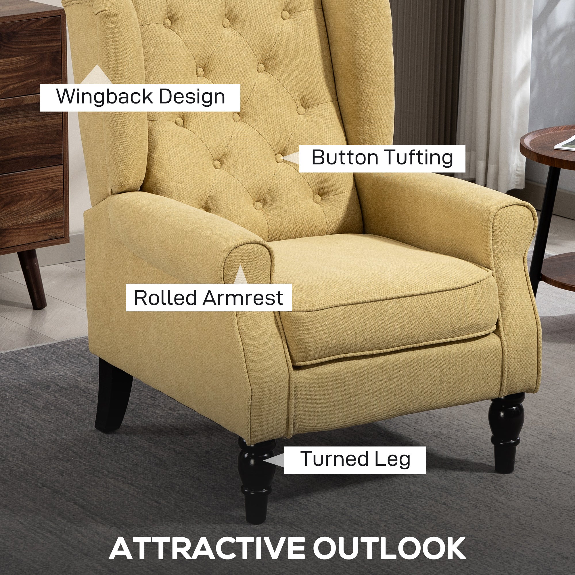 Retro Accent Chair, Snow Flannel Wingback Armchair with Wood Frame Button Tufted Design for Living Room Bedroom, Yellow