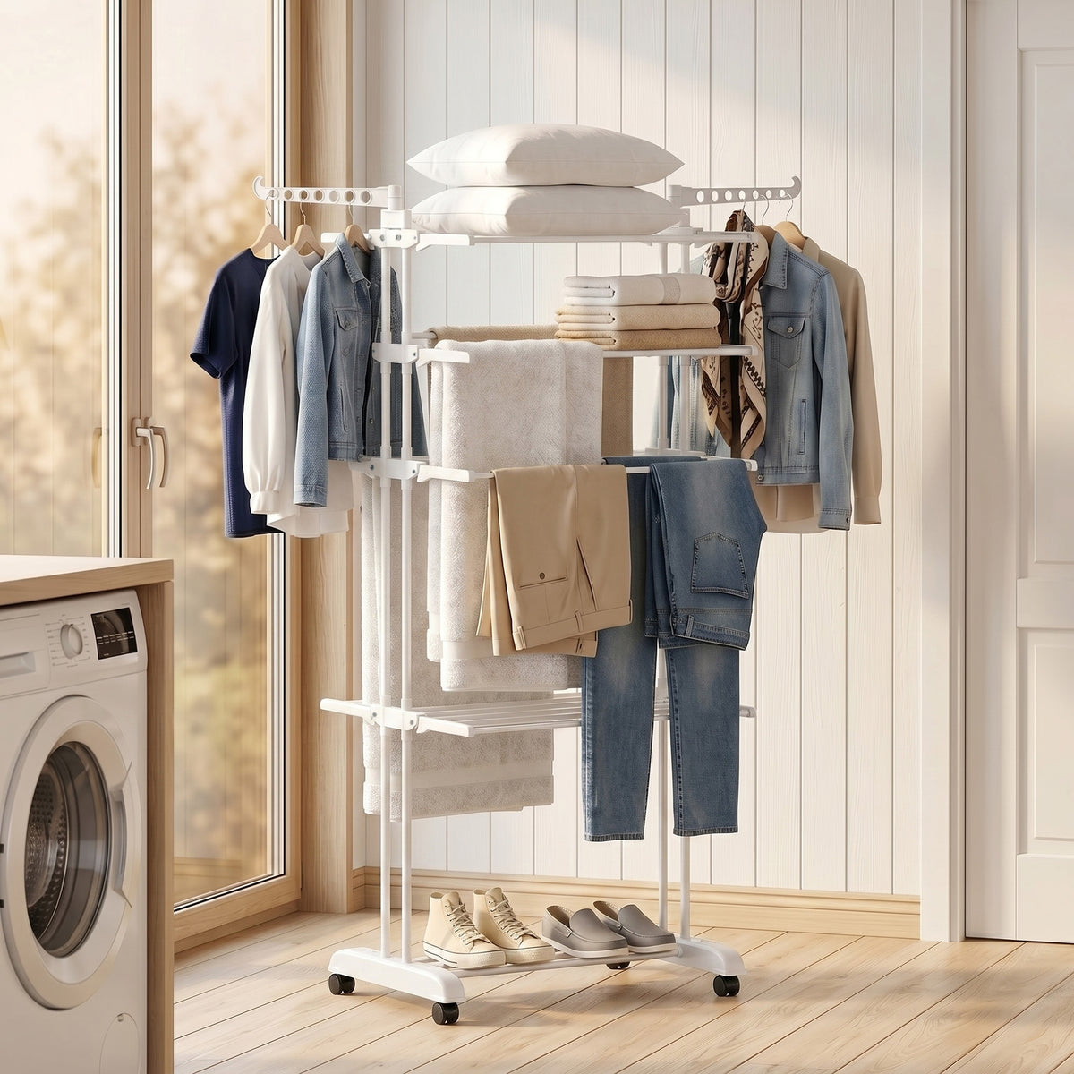 5-Tier Adjustable Clothes Drying Rack, Foldable Laundry Drying Rack with Wheels, Side Wings, Clothes Hanger for Indoor Outdoor Use, 28.7" x 25.2" x 67.7", White