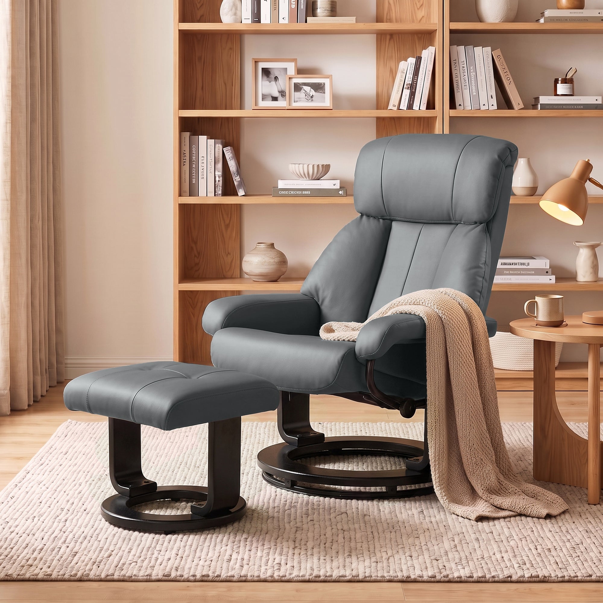 Massage Recliner Chair with Ottoman, 360° Swivel Recliner and Footstool, 10-Point Vibration, PU Leather Reclining Chair with Remote Control, Gray