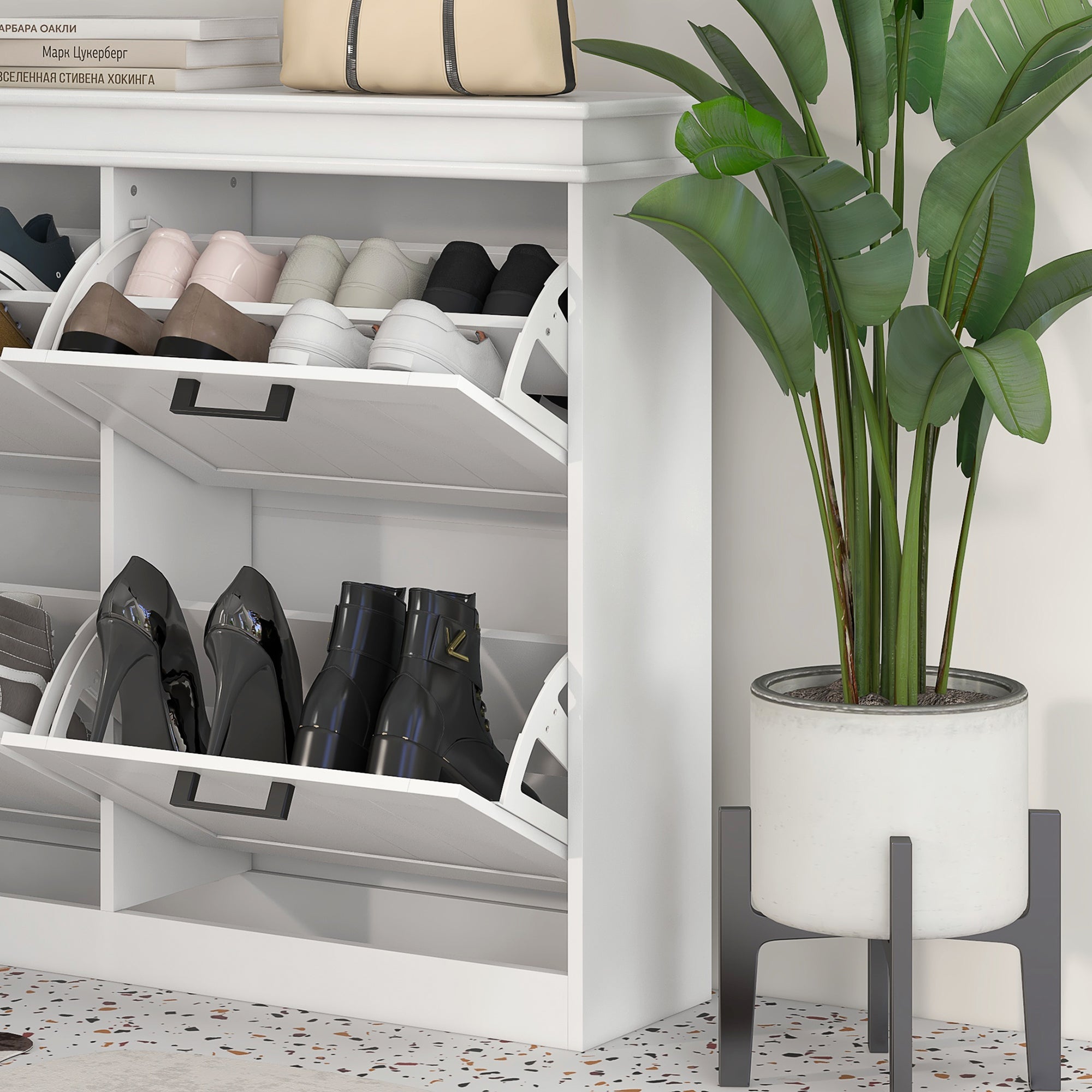 HOMCOM 4 Drawers Entryway Shoe Cabinet, Narrow Shoe Storage Cabinet with 4 Flip Drawers and Adjustable Shelves for 20 Pairs of Shoes, White