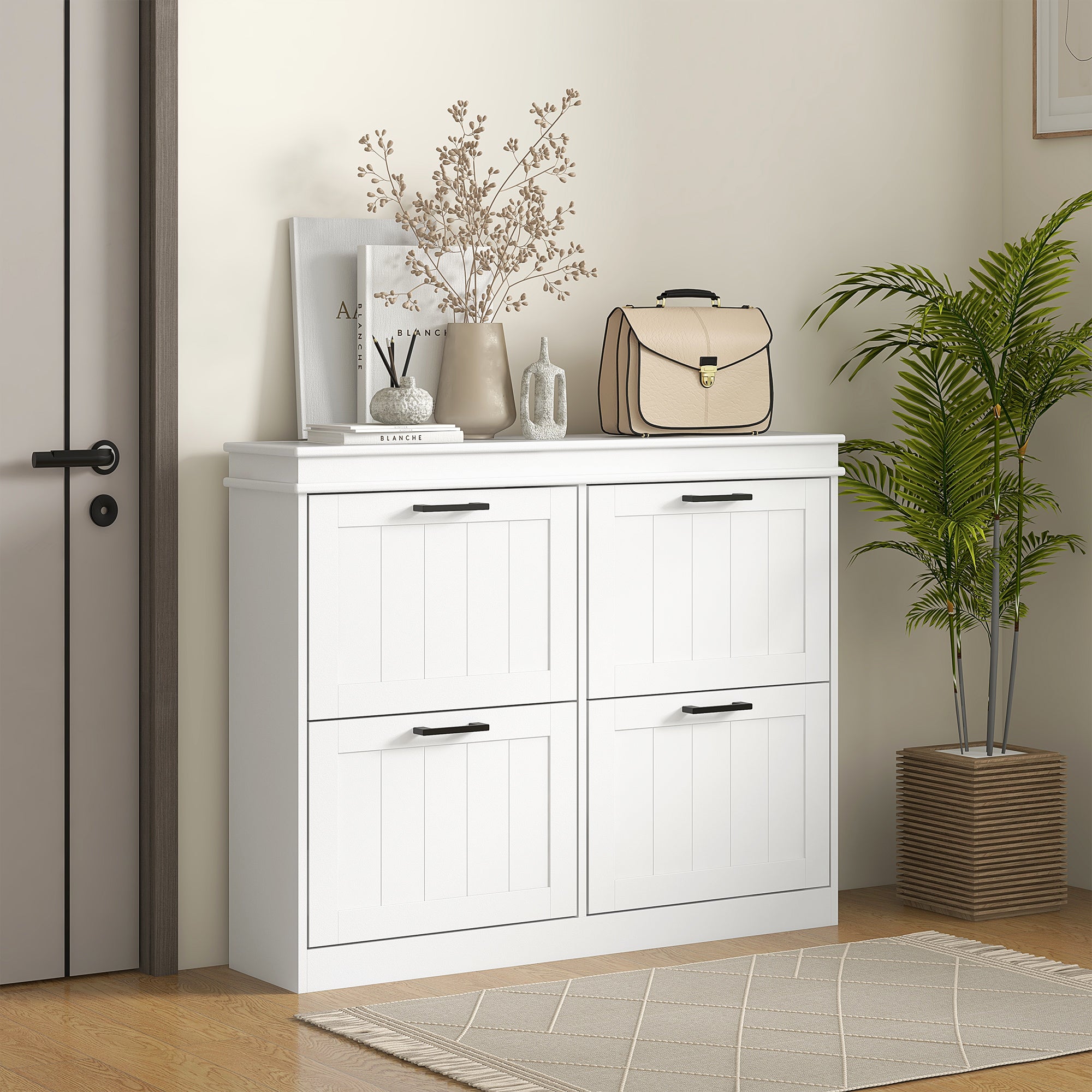 HOMCOM 4 Drawers Entryway Shoe Cabinet, Narrow Shoe Storage Cabinet with 4 Flip Drawers and Adjustable Shelves for 20 Pairs of Shoes, White