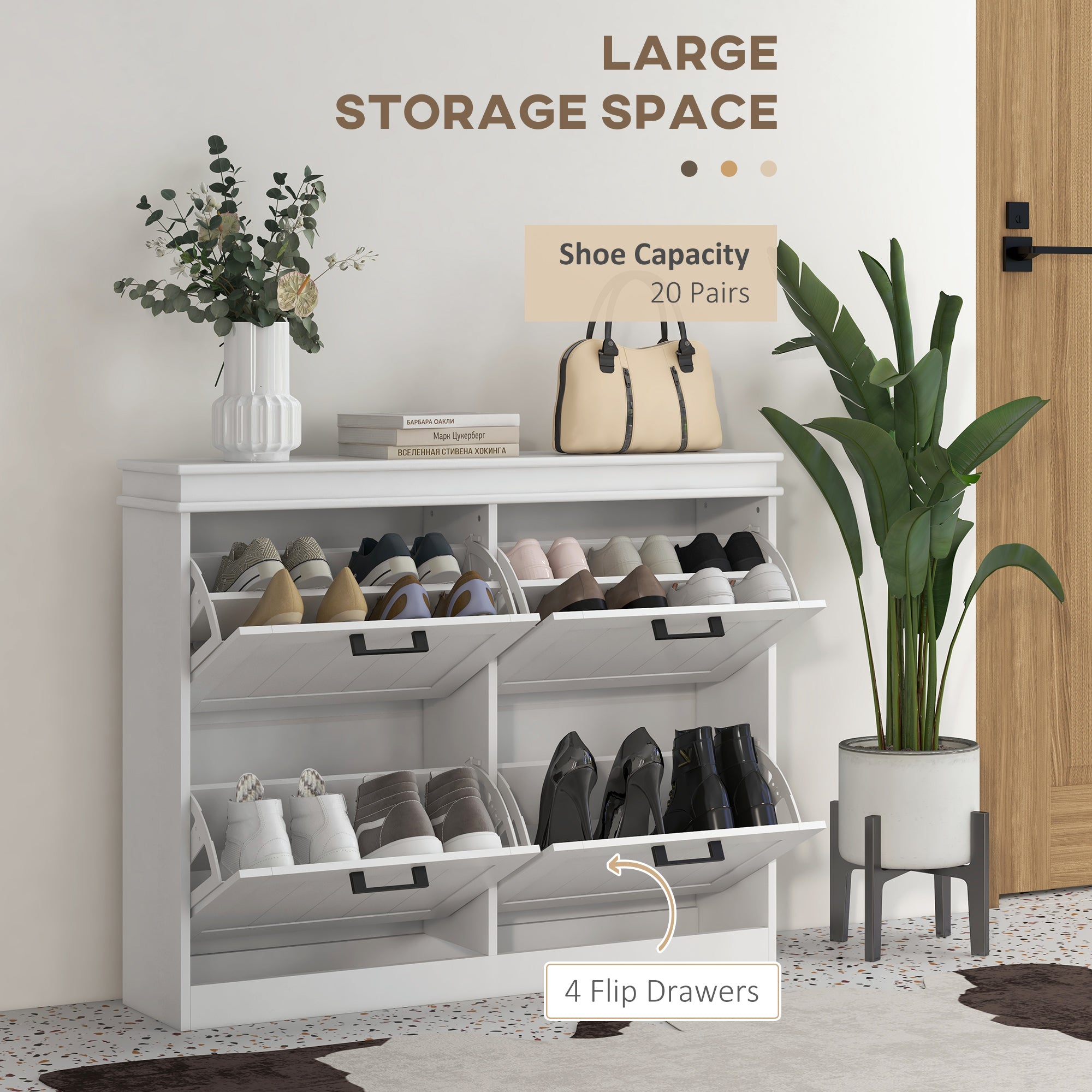 HOMCOM 4 Drawers Entryway Shoe Cabinet, Narrow Shoe Storage Cabinet with 4 Flip Drawers and Adjustable Shelves for 20 Pairs of Shoes, White