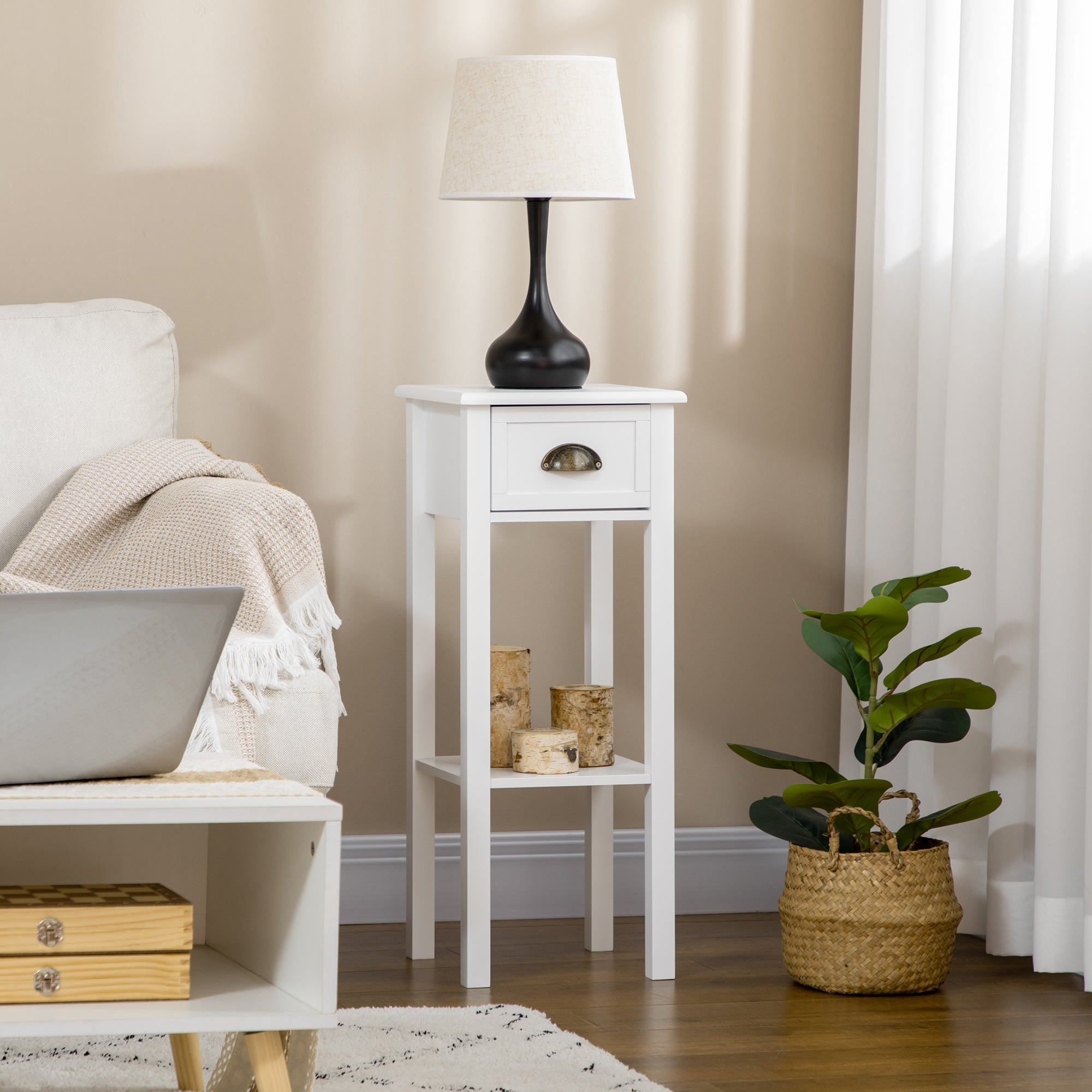 2 Tier Side Table with Drawer and Shelf End Table for Living Room and Hallway White