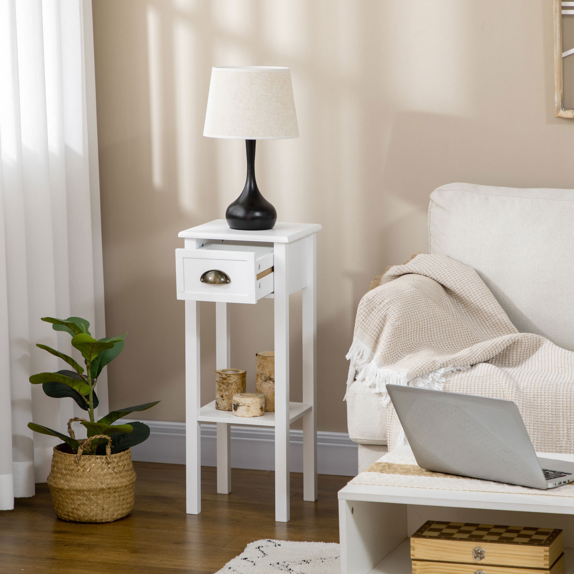 2 Tier Side Table with Drawer and Shelf End Table for Living Room and Hallway White