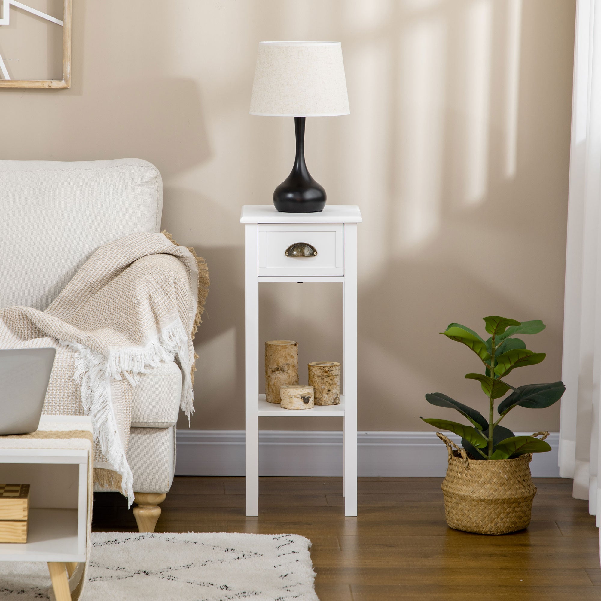 2 Tier Side Table with Drawer and Shelf End Table for Living Room and Hallway White