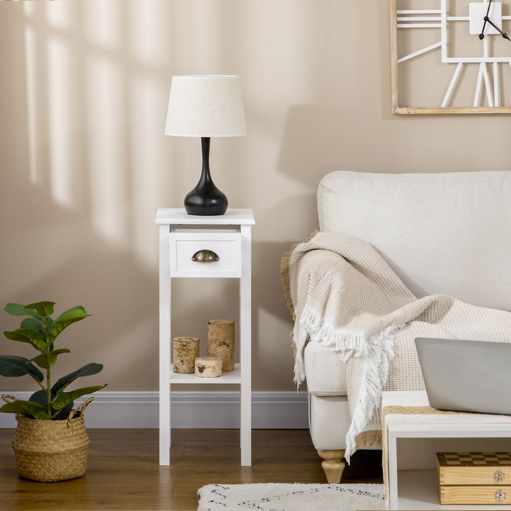 2 Tier Side Table with Drawer and Shelf End Table for Living Room and Hallway White