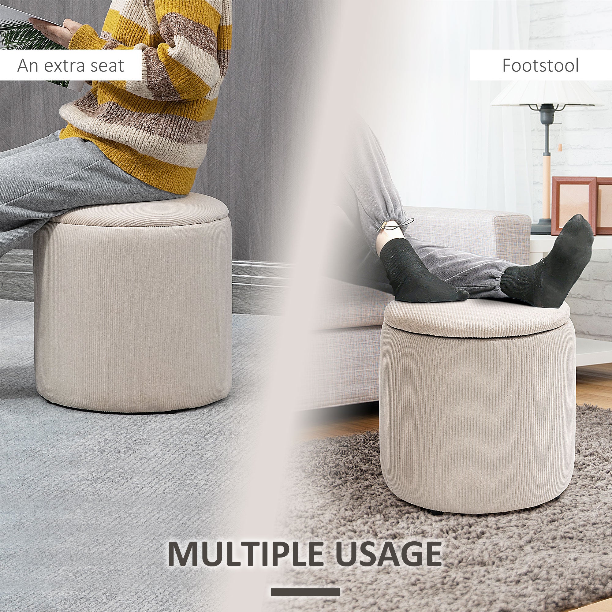 Ottoman with Storage Set of 2, Corduroy Stool with Removable Wood Lid, Hidden Space, Nesting Ottoman Stool for Living Room, Cream White