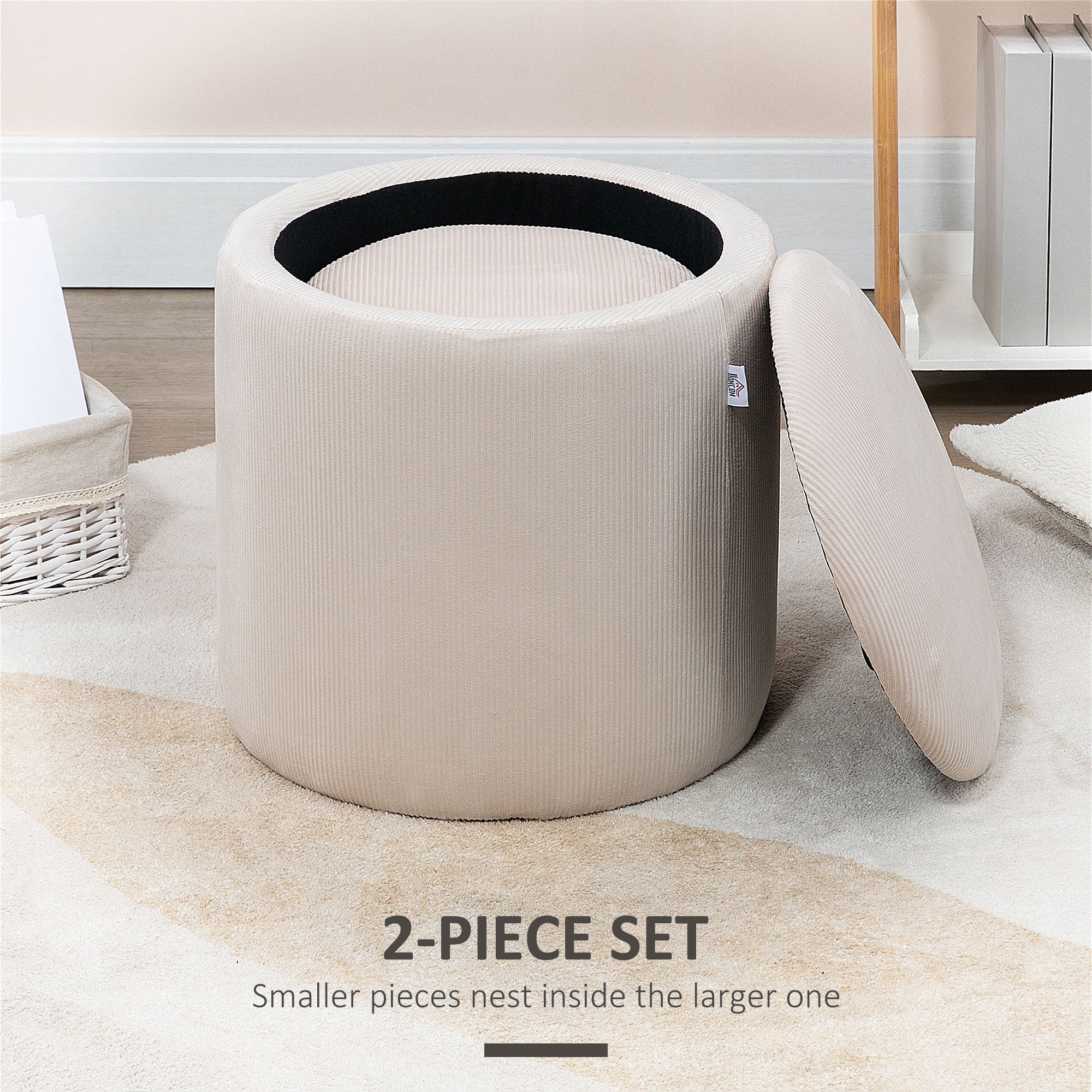 Ottoman with Storage Set of 2, Corduroy Stool with Removable Wood Lid, Hidden Space, Nesting Ottoman Stool for Living Room, Cream White